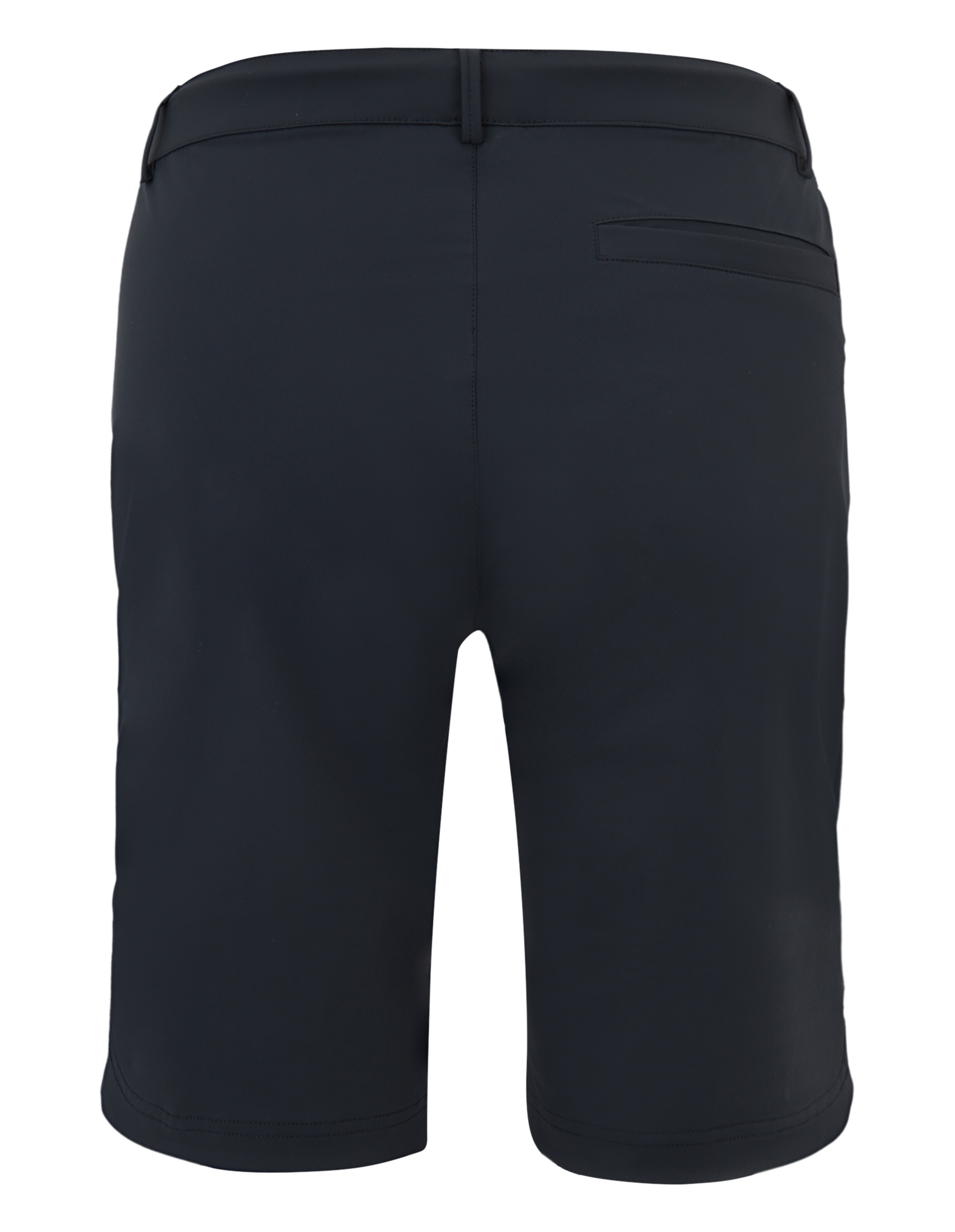 Dunkelblaue Herrenshorts aus glattem Stoff mit Kordelzug und silbernen Enden, knielang und schlicht geschnitten.