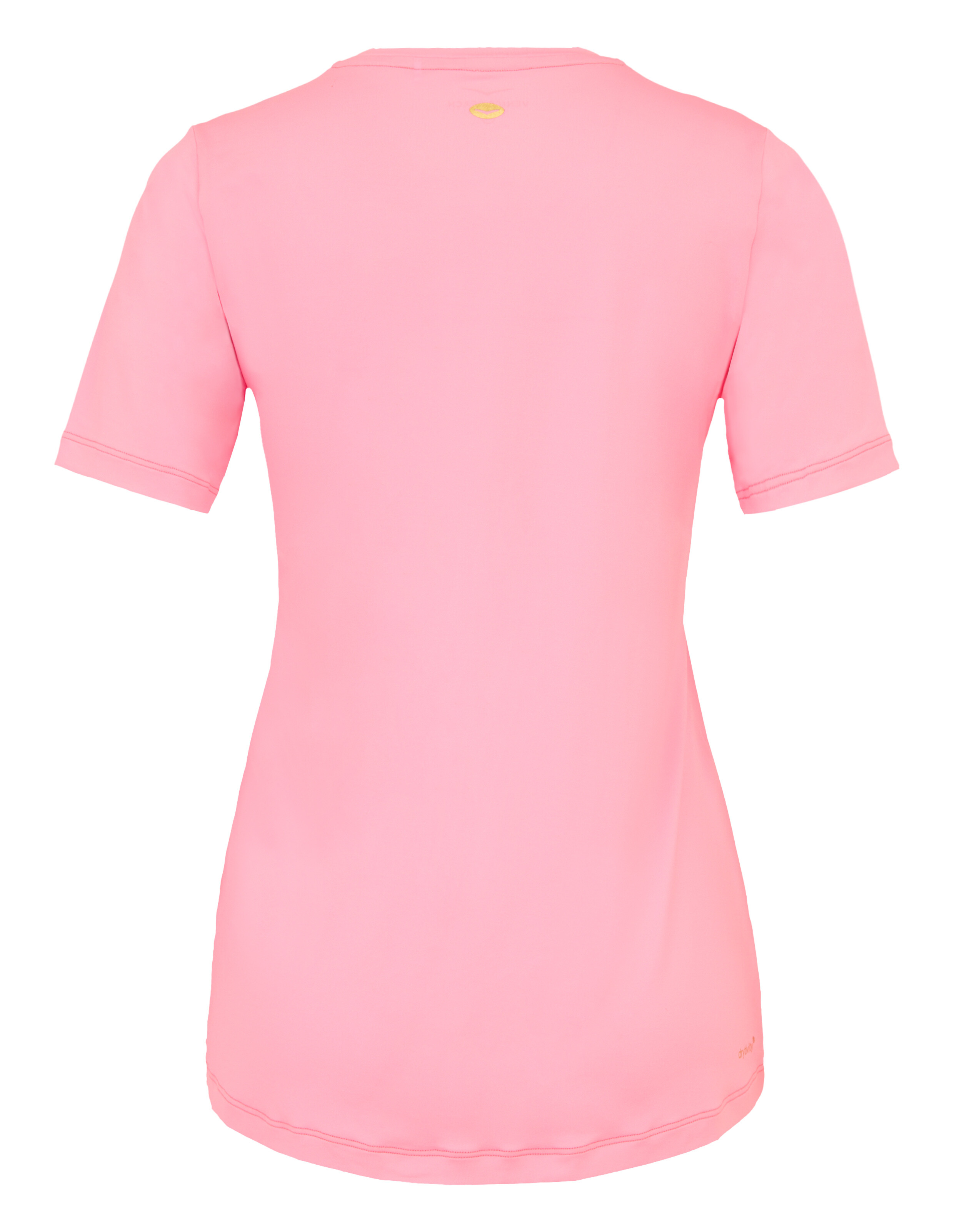 Rückansicht eines gemütlichen rosa kurzärmeligen Freizeit-T-Shirts für Damen.