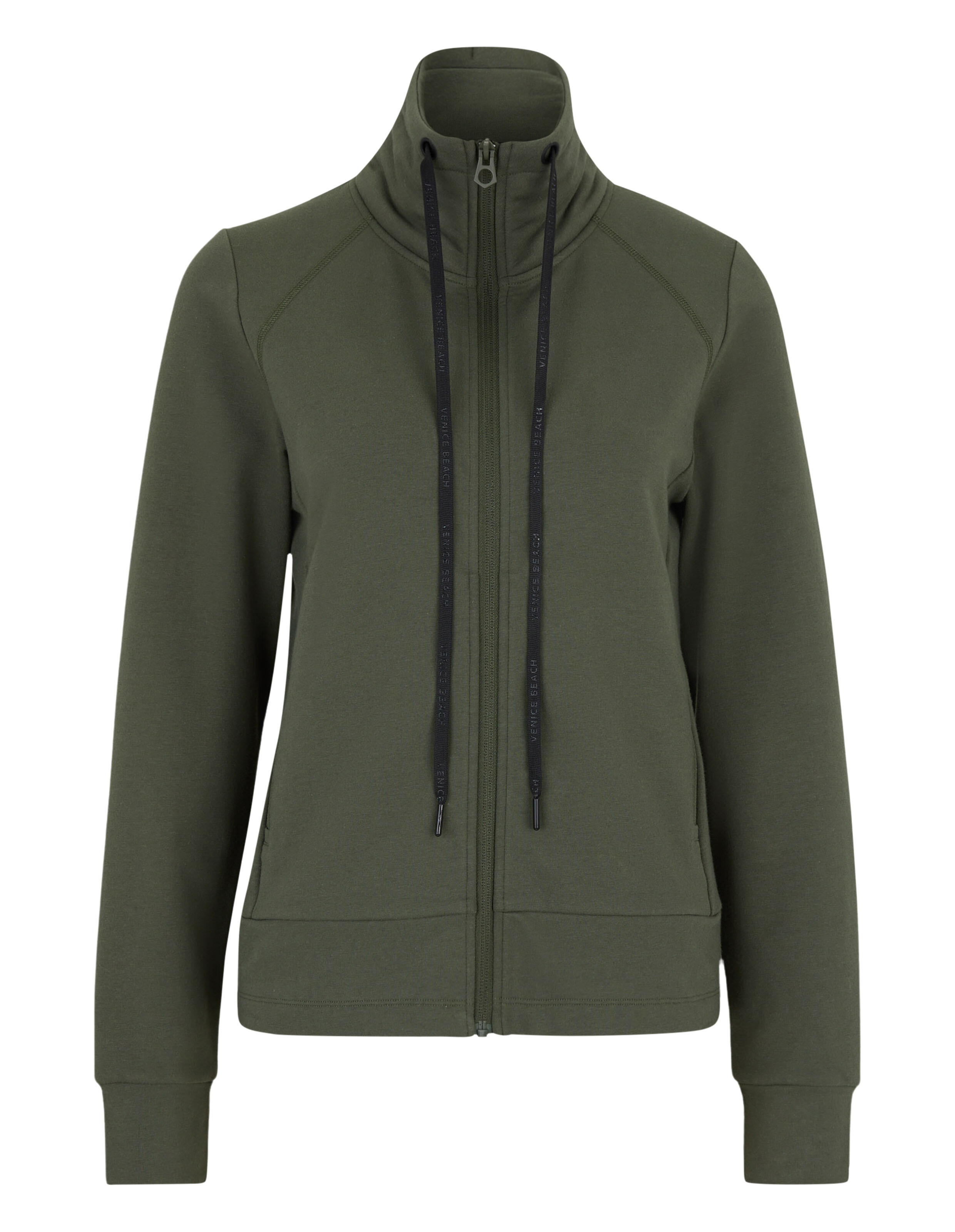 Olivgrüne Jacke mit Reißverschluss, hohem Kragen und Kordelzugdetails.