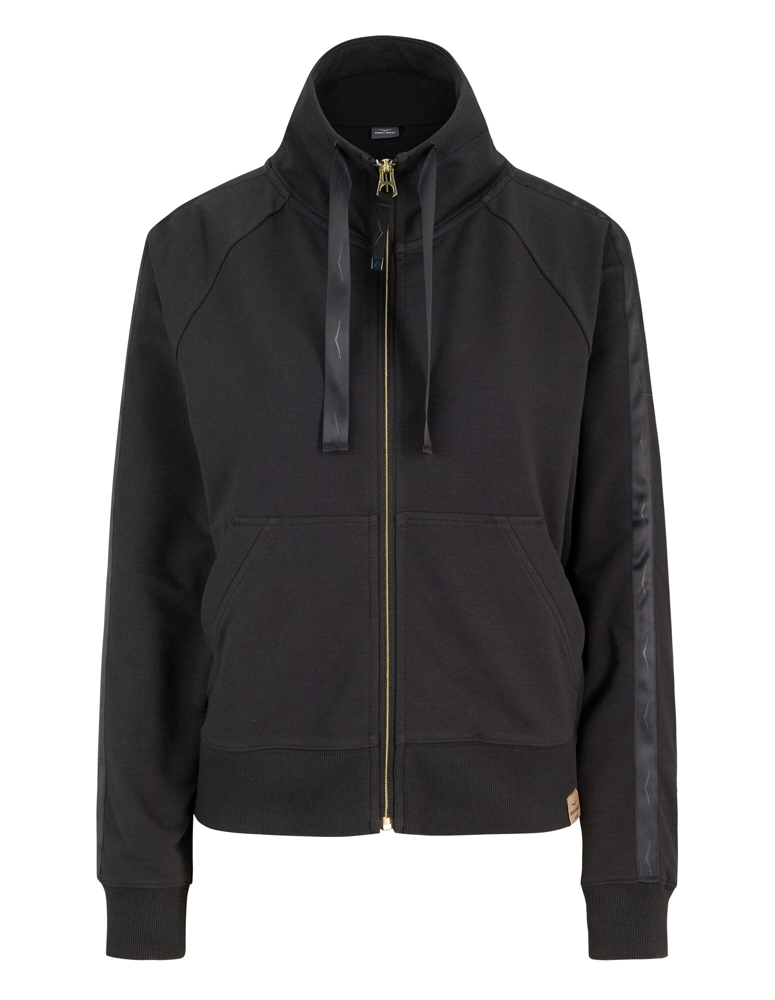 Schwarzer Kapuzenpullover mit Reißverschluss, Satindetails und Taschen für Freizeitkleidung.