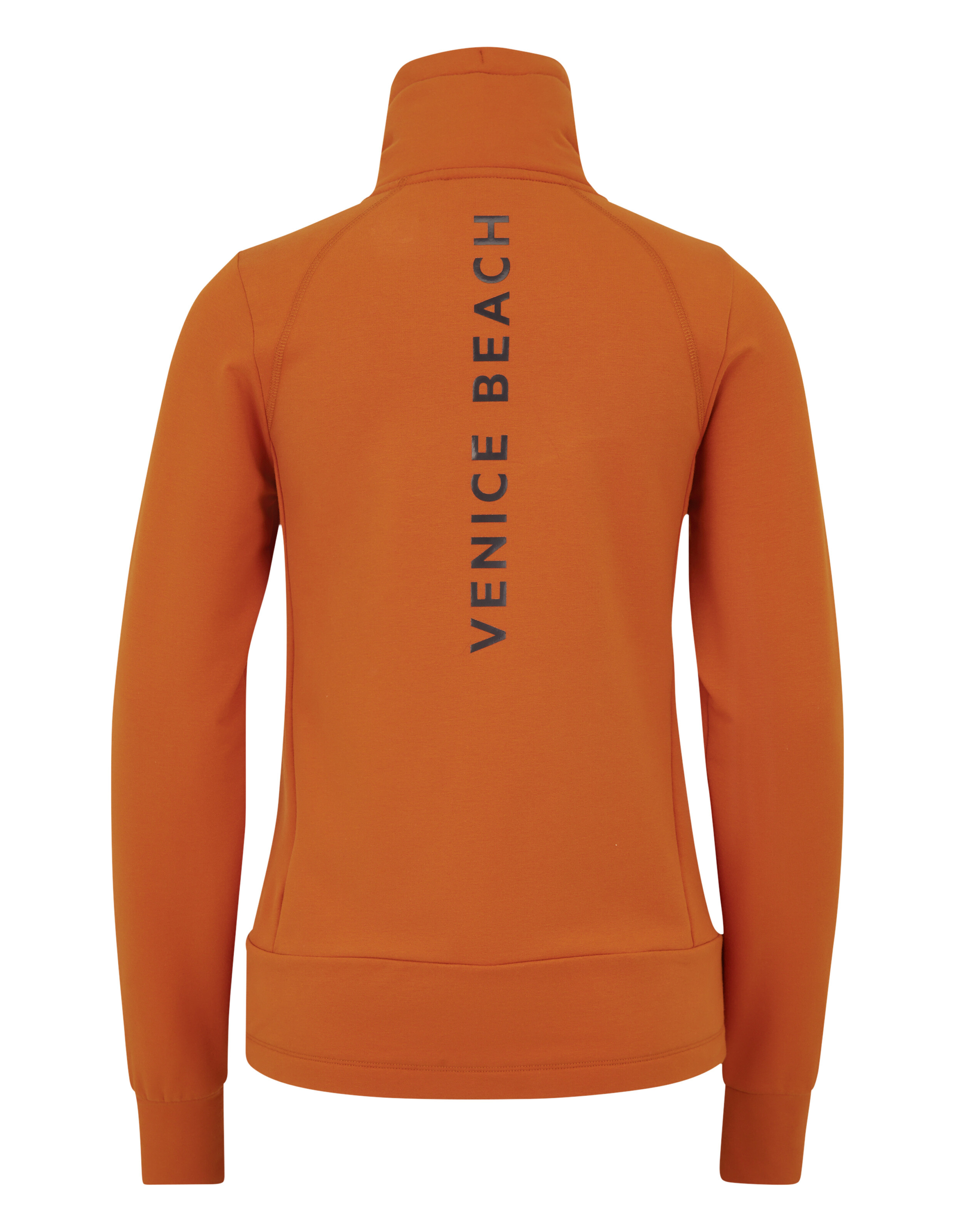 Rückansicht einer rostorangen Langarm-Reißverschlussjacke mit Venice Beach-Logo.