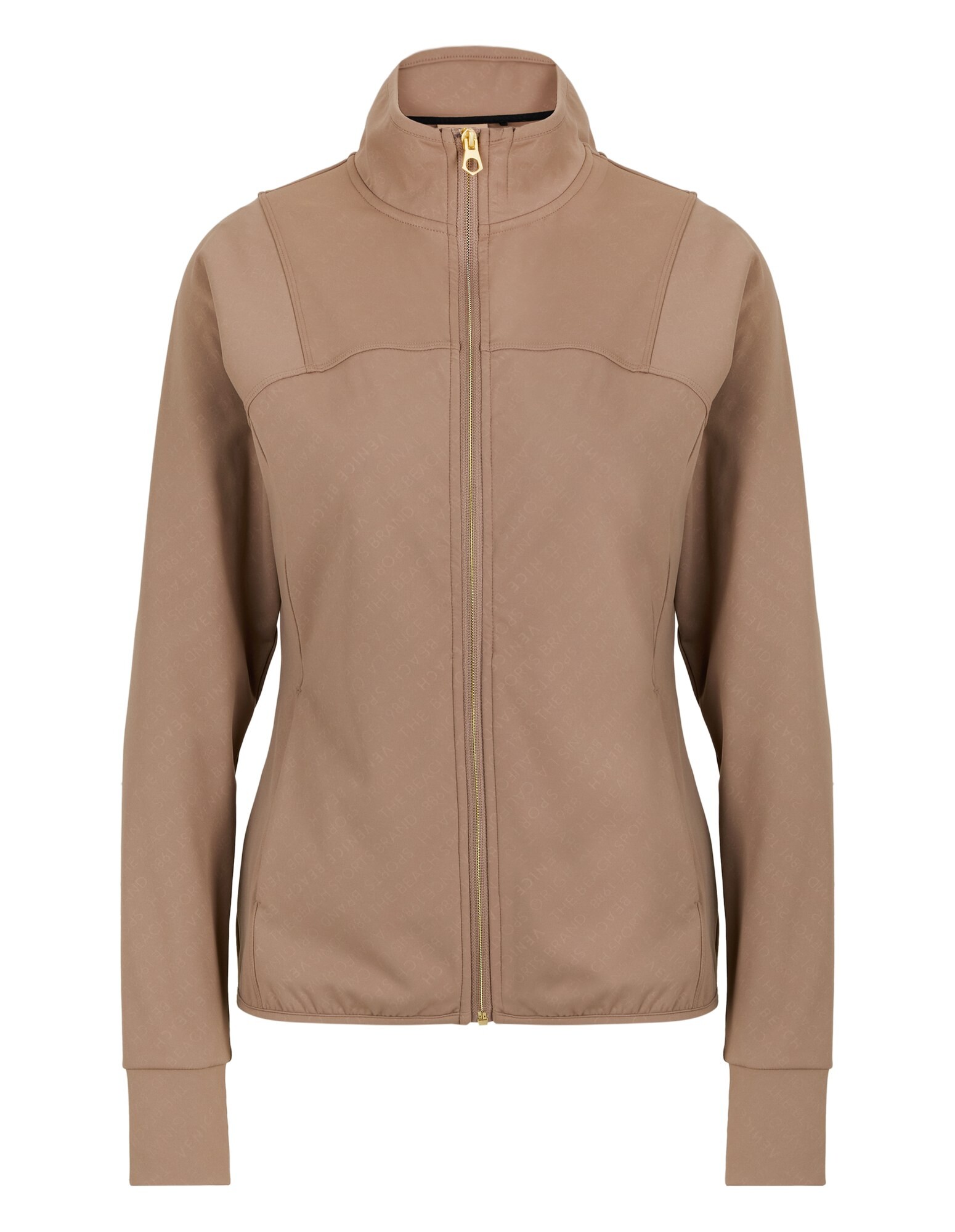 Hellbraune Jacke mit Reißverschluss, hohem Kragen und dezentem Logomuster.