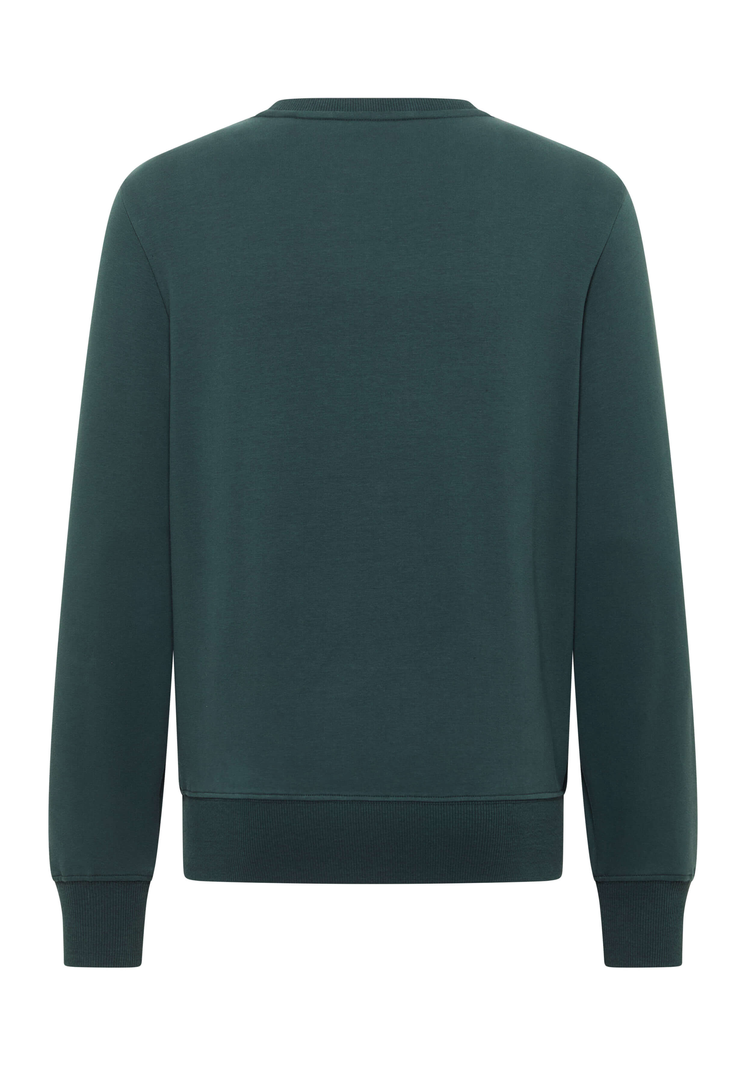 Rückansicht eines dunkelgrünen, gemütlichen Langarm-Sweatshirts zum lässigen Faulenzen.