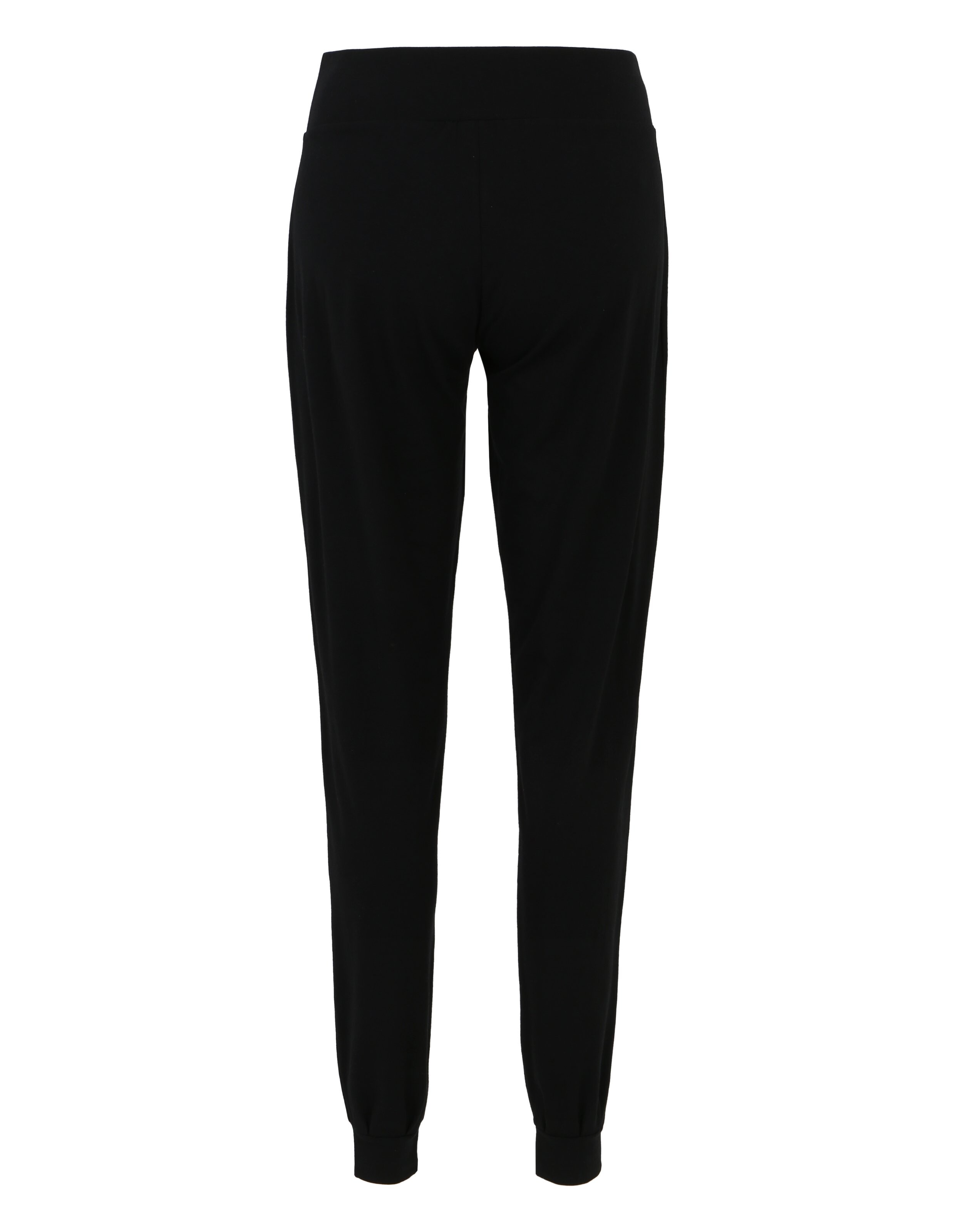 Rückansicht einer schwarzen, lässigen Lounge-Jogginghose mit bequemem elastischem Bund.