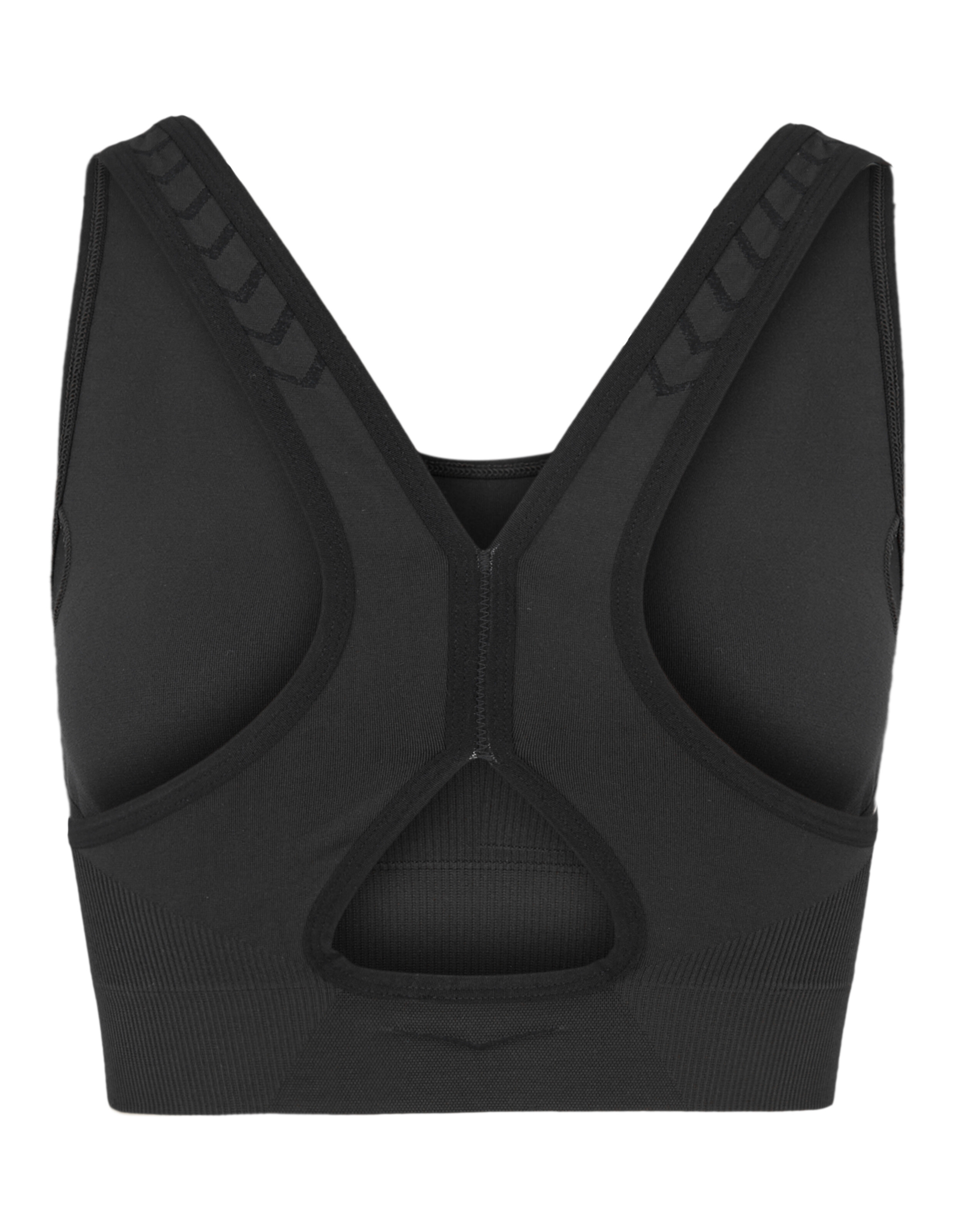 Schwarzer Sport-BH mit Racerback-Design und atmungsaktivem Stoff.