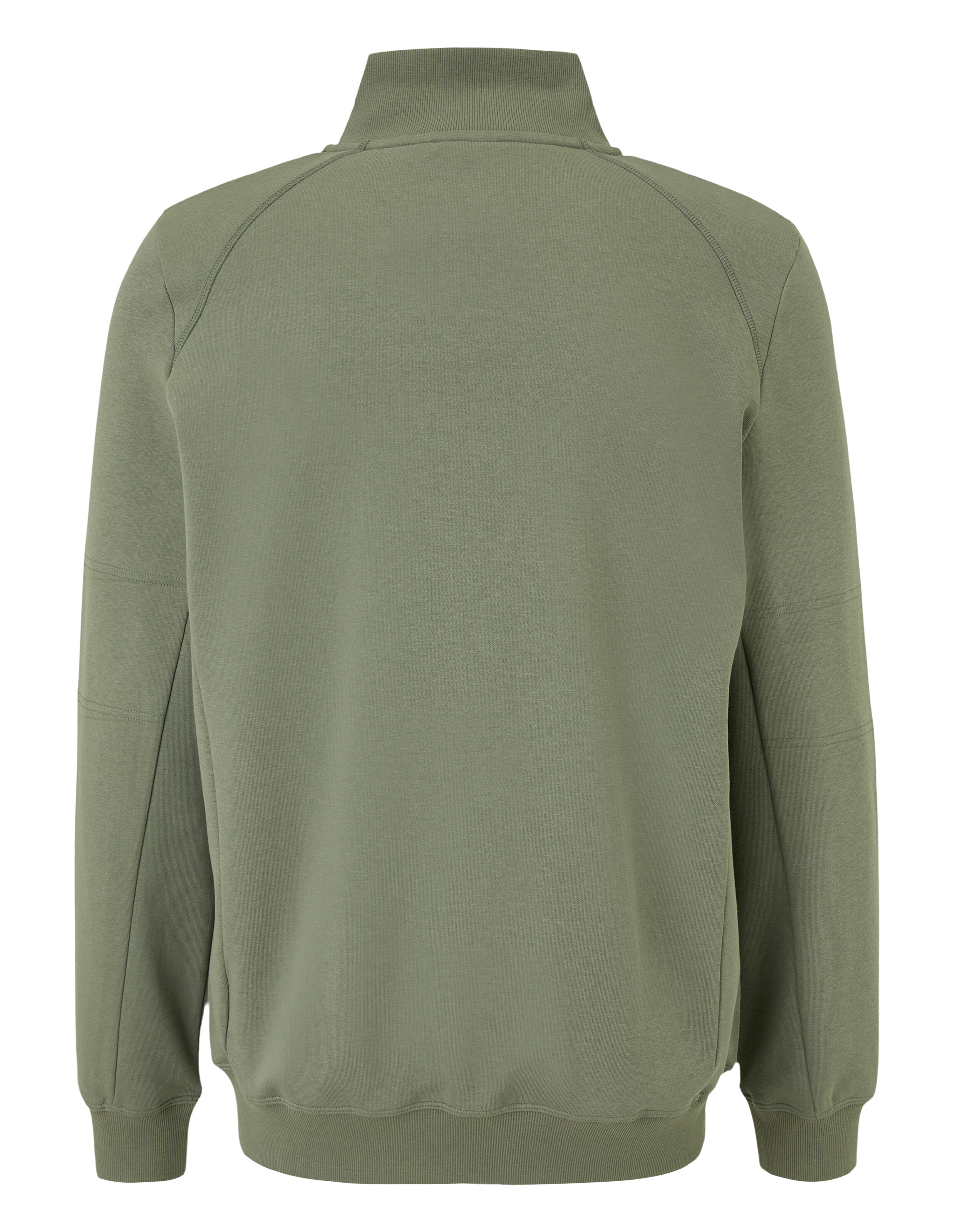 Rückansicht einer olivgrünen Jacke mit hohem Kragen, langen Ärmeln und gerippten Bündchen an Ärmeln und Saum.
