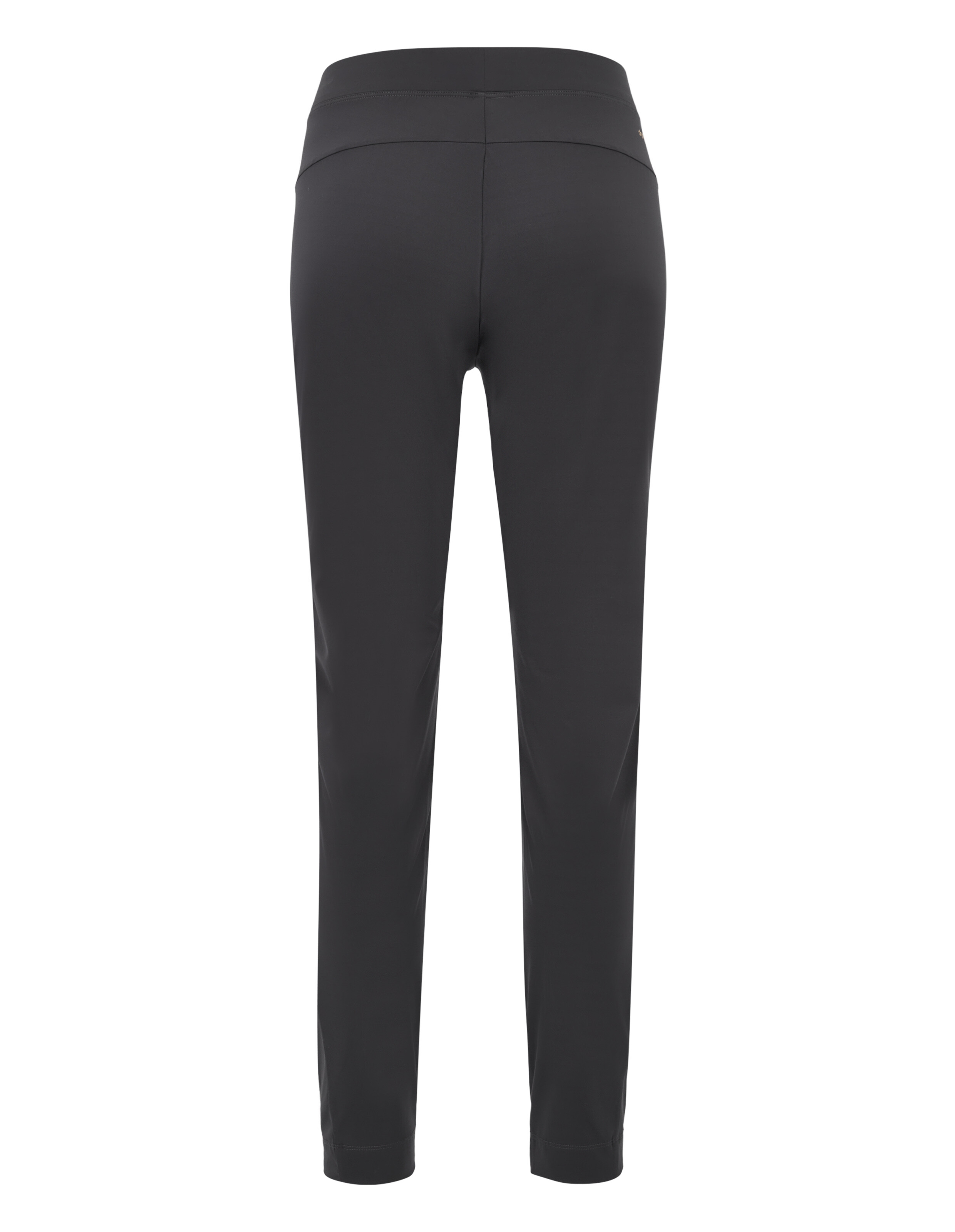 Rückansicht einer schwarzen Freizeithose mit bequemem Bund, ideal zum Faulenzen.