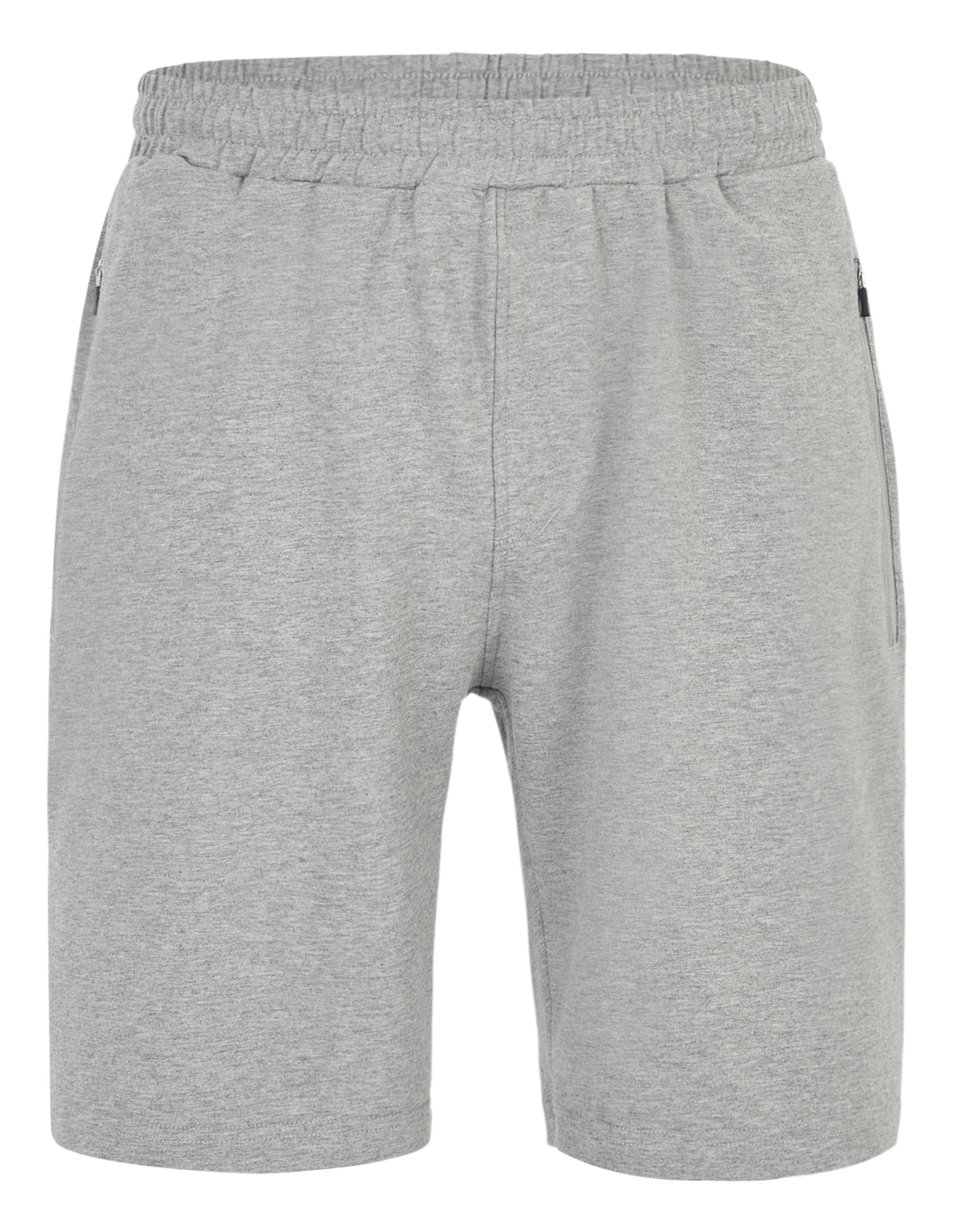 Graue Sportshorts aus weichem Stoff mit elastischem Bund und seitlichen Taschen, ideal für Freizeit- und Sportaktivitäten.