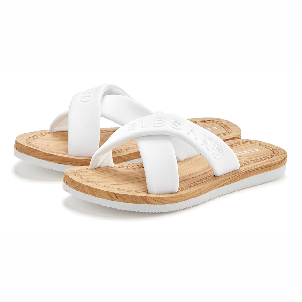 Weiße, lässige Sandalen mit Holzsohle, perfekt für Sommerausflüge.