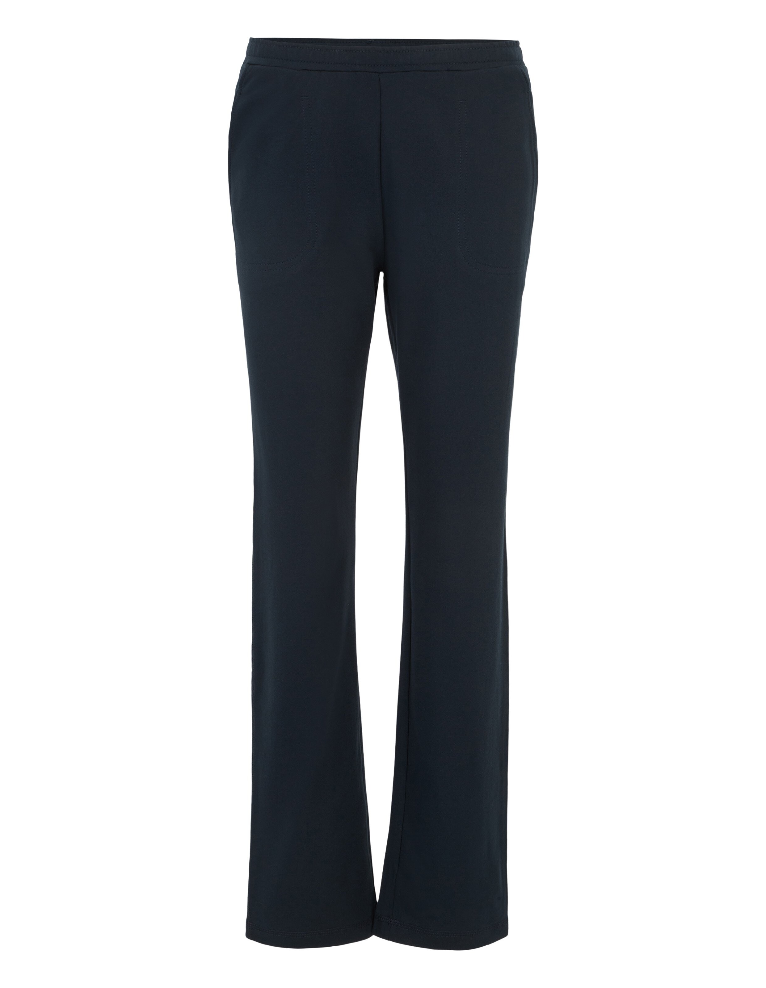 Dunkelblaue, gerade geschnittene Hose aus weichem Stoff mit elastischem Bund und zwei sichtbaren Nähten an der Vorderseite.