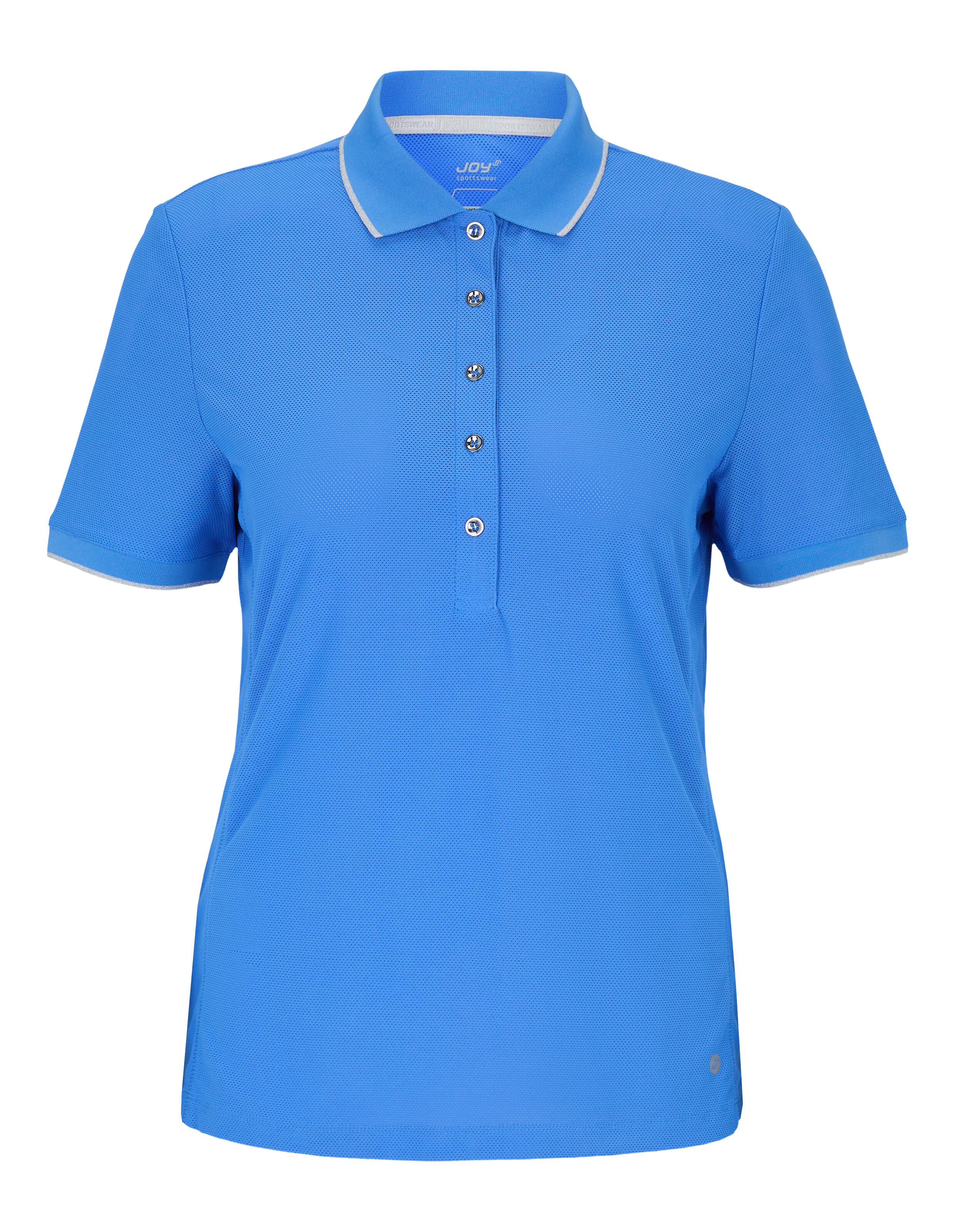 Ein kobaltblaues Poloshirt mit geripptem Kragen, Knopfleiste und dezentem Wabenmuster.
