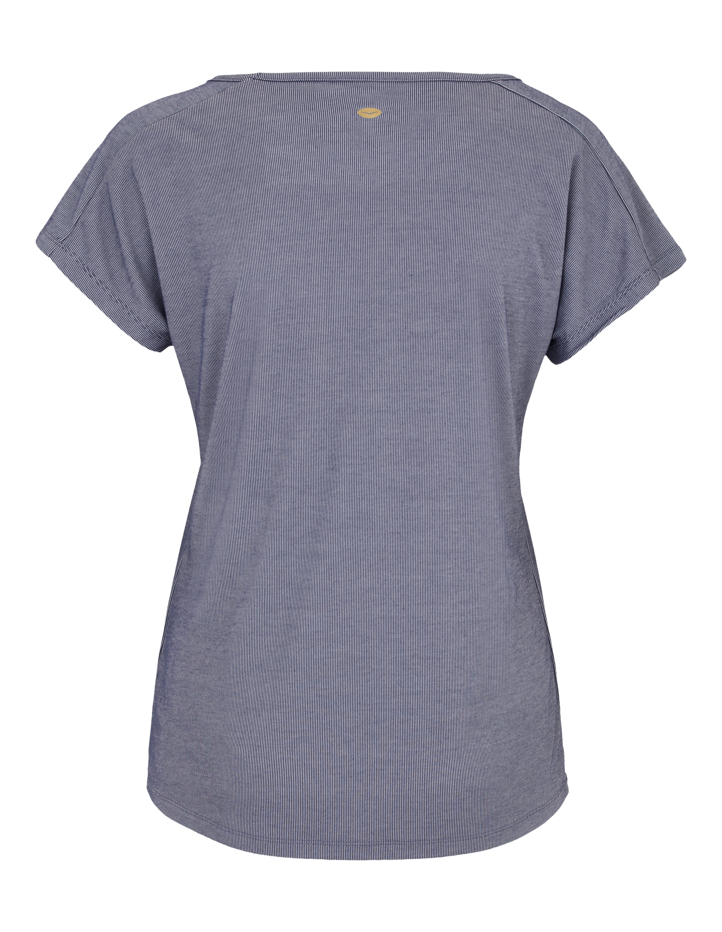 Rückansicht eines blau gestreiften Freizeit-T-Shirts mit kurzen Ärmeln für bequemes Tragen im Alltag.