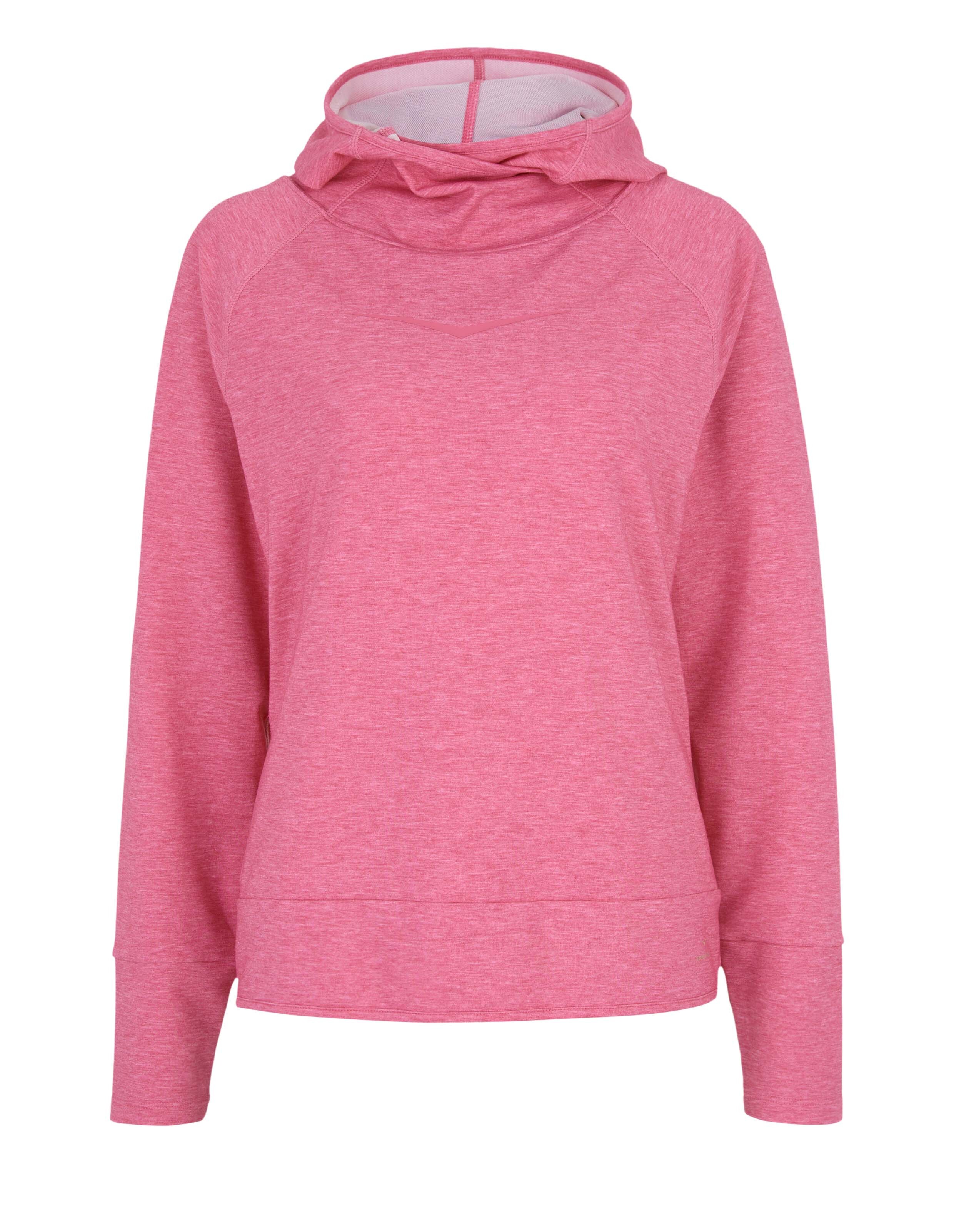 Kuscheliger rosa melierter Kapuzenpullover für Damen, perfekt zum entspannten Faulenzen oder Reisen.