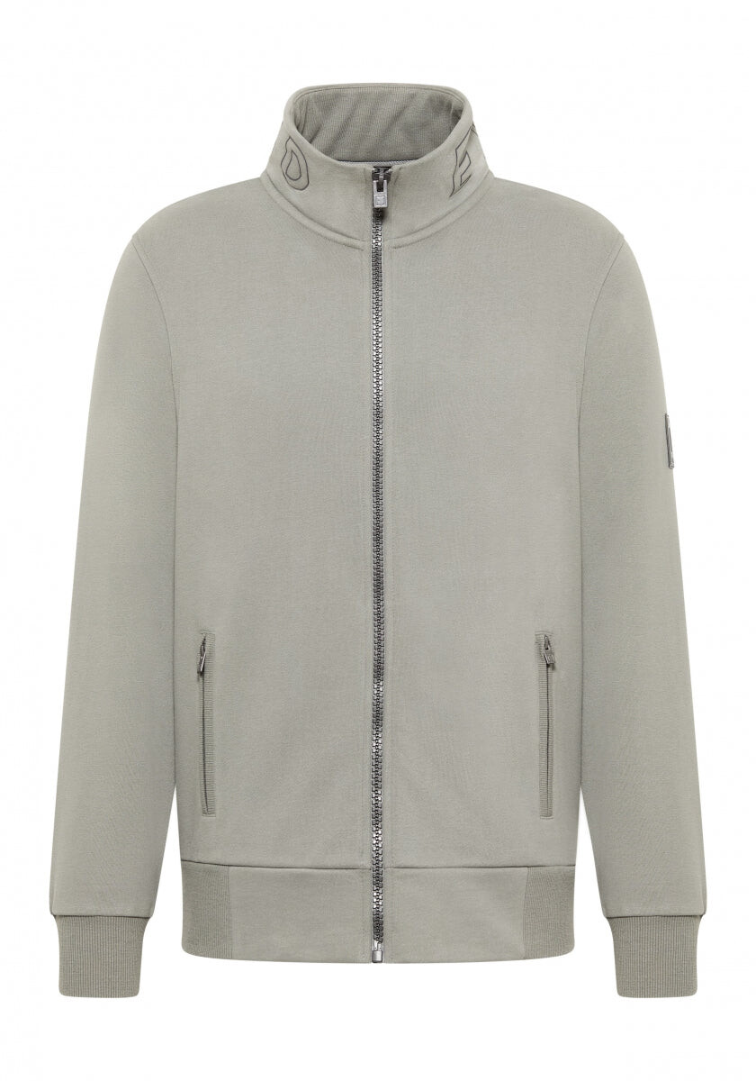 Hellgraue Jacke mit Reißverschluss, hohem Kragen und Seitentaschen, perfekt für die Freizeit.