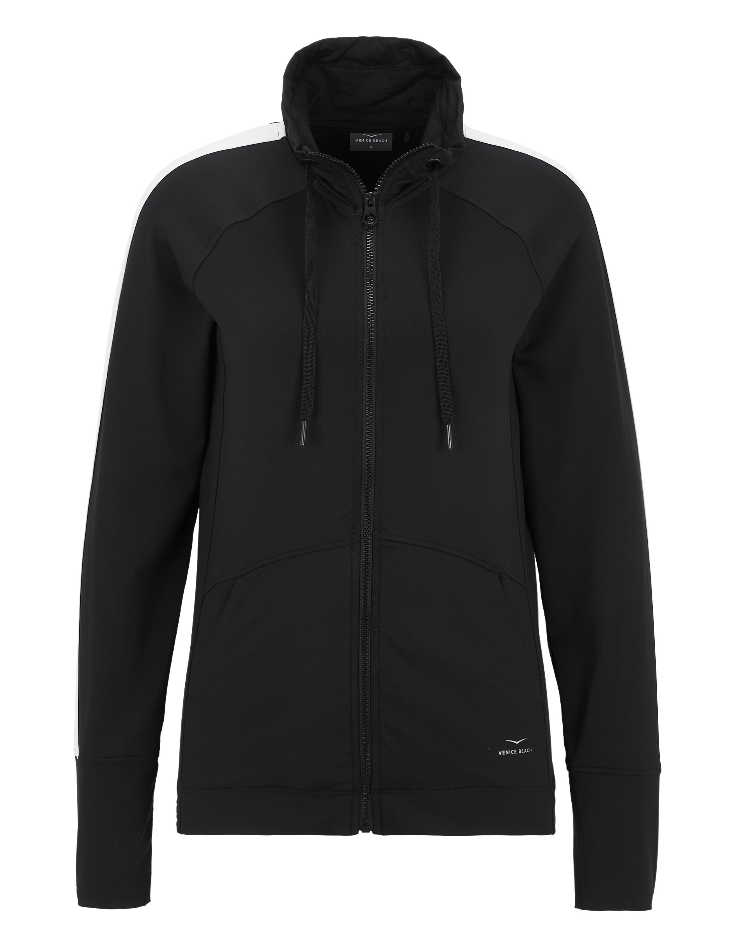 Schwarze Jacke mit Reißverschluss und weißen Akzenten an den Schultern, perfekt für Freizeitkleidung.