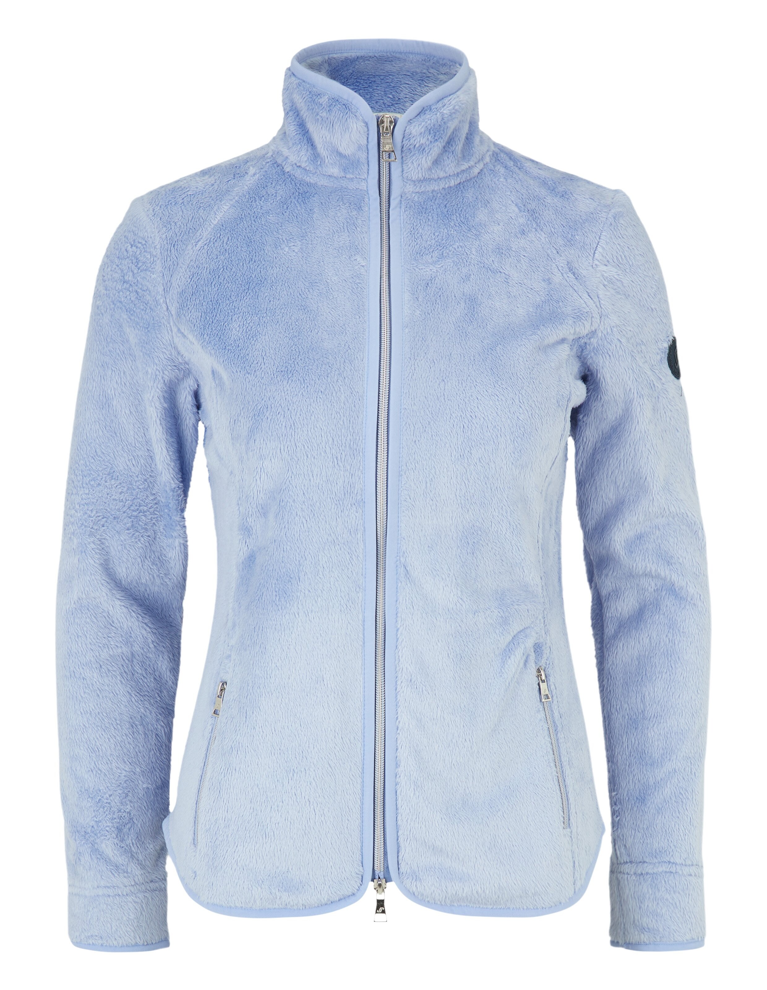 Hellblaue, kuschelige Fleecejacke mit hohem Kragen und durchgehendem Reißverschluss zum lässigen Faulenzen.