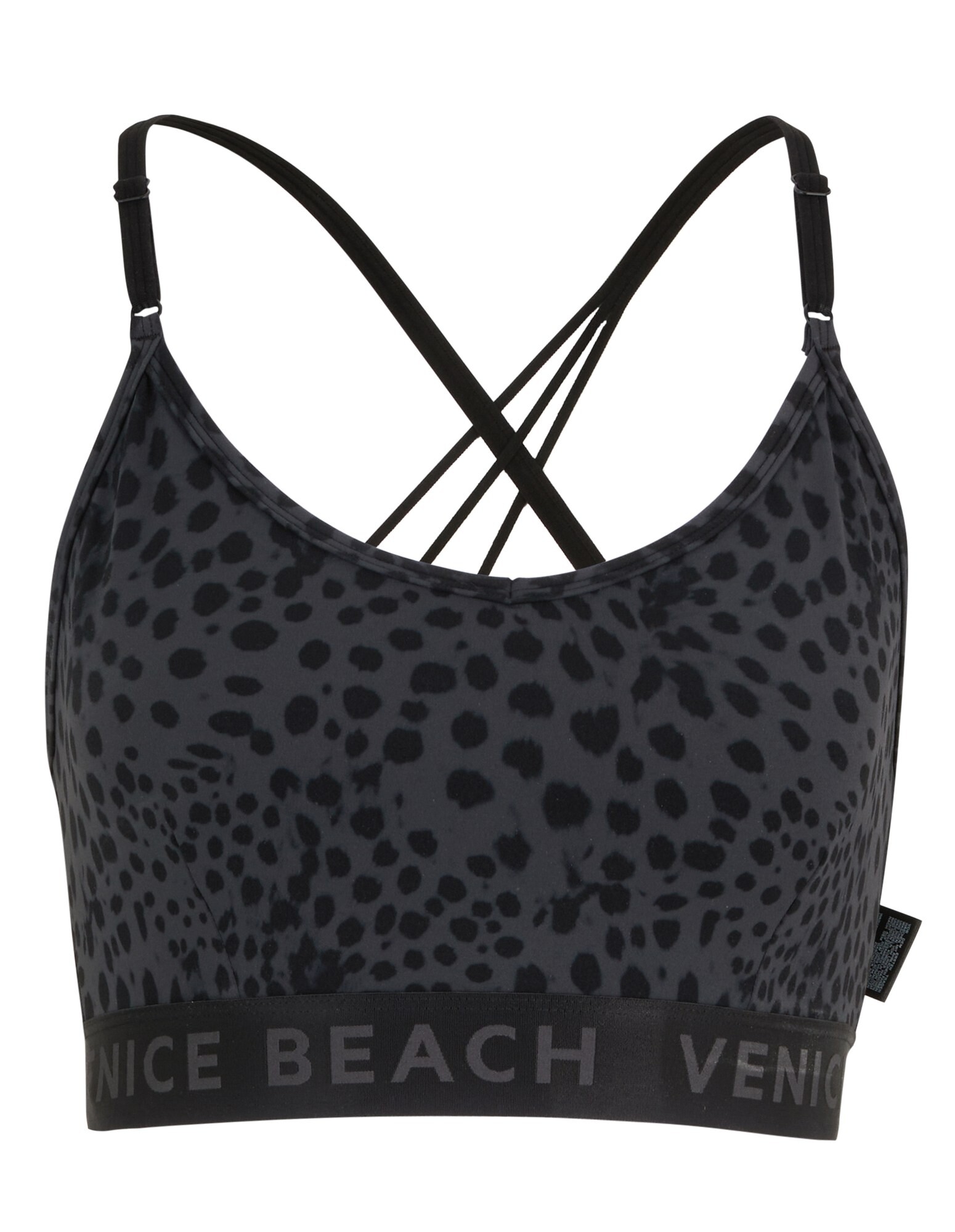 Schwarzes Bralette mit Leopardenmuster, überkreuzten Trägern und Venice Beach-Logo.