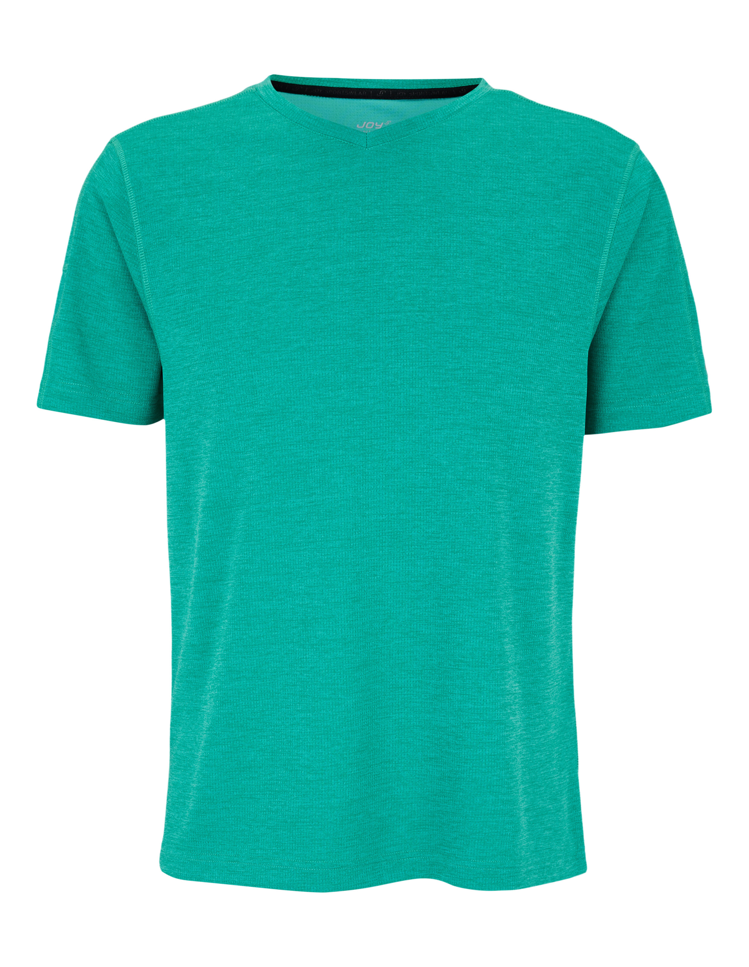 Blaugrünes, kurzärmliges T-Shirt mit V-Ausschnitt aus weichem, atmungsaktivem Stoff.