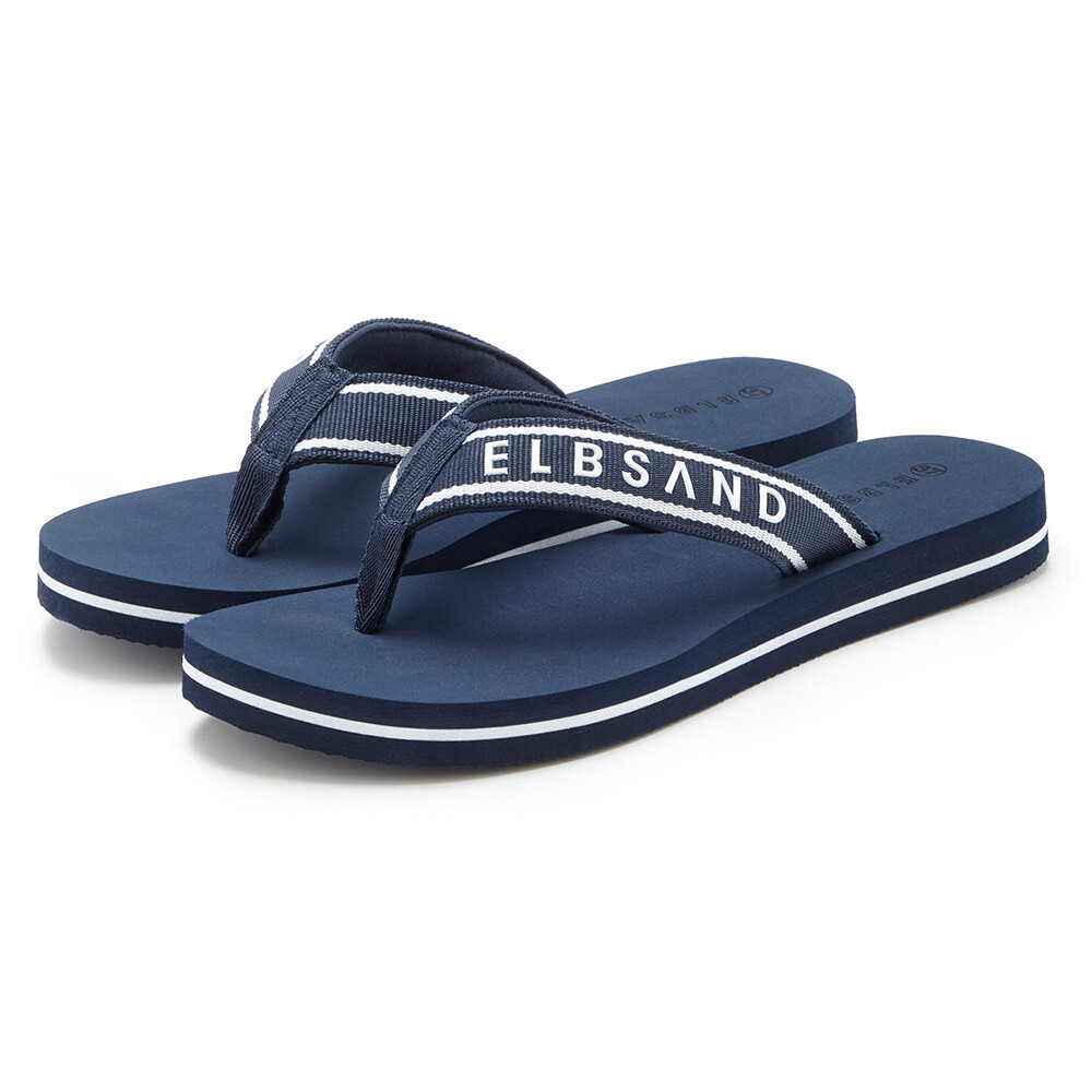 Marineblaue Flip-Flops mit ELBSAND-Logo, perfekt für lässige Sommerkleidung.