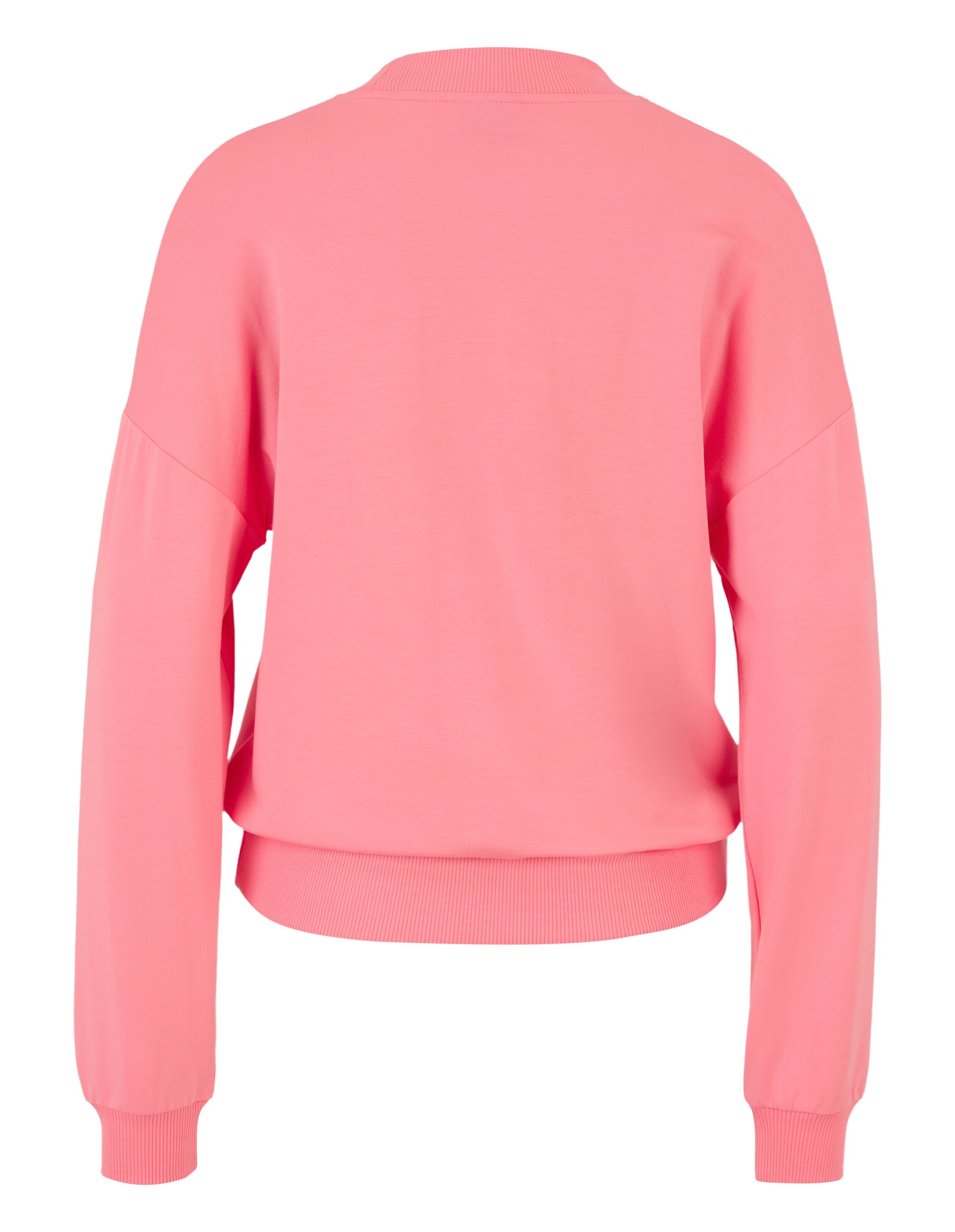 Rückansicht eines kuscheligen rosafarbenen Langarm-Sweatshirts mit gerippten Bündchen und Saum.
