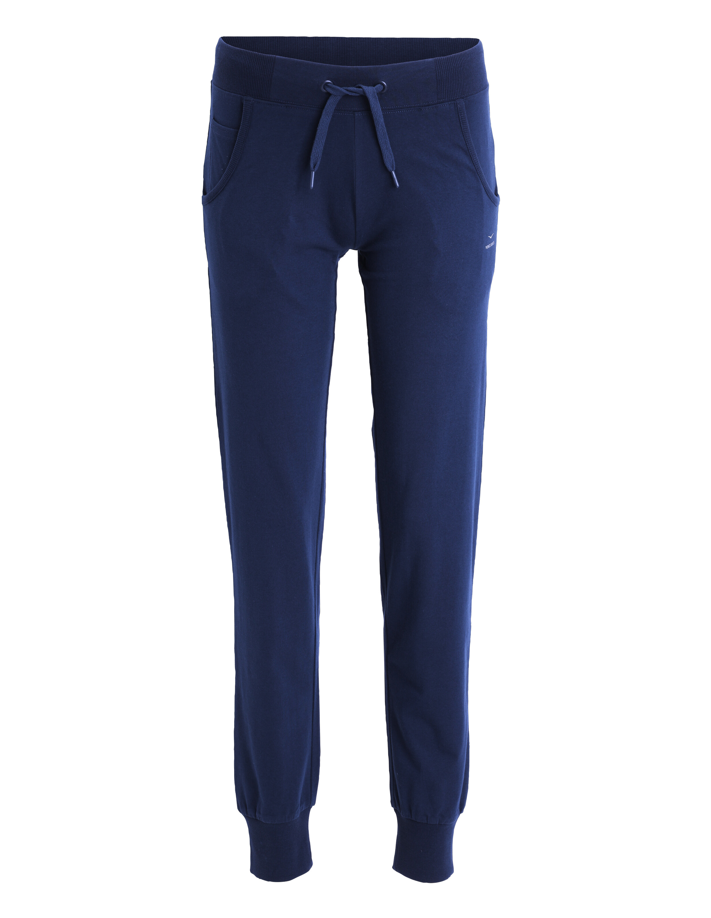 Marineblaue, lässige ELBSAND-Jogginghose mit Kordelzug in der Taille und Bündchen an den Knöcheln.