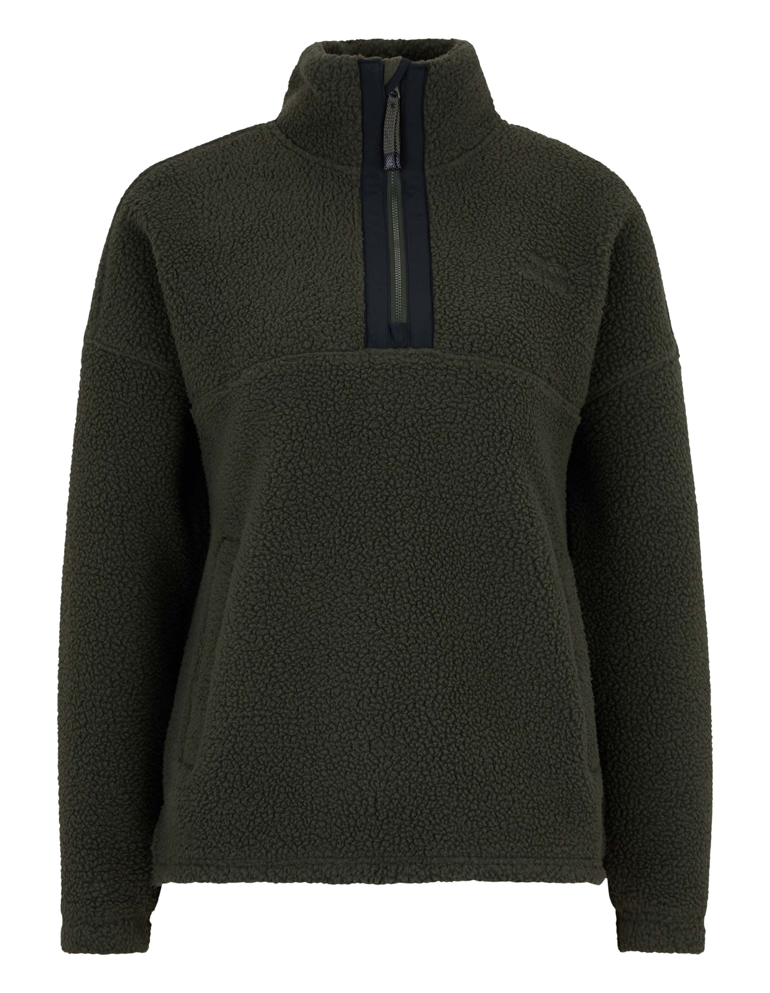 Olivgrünes Venice Beach Sarah-Fleece-Sweatshirt mit gemütlichem Kragen mit Viertelreißverschluss.