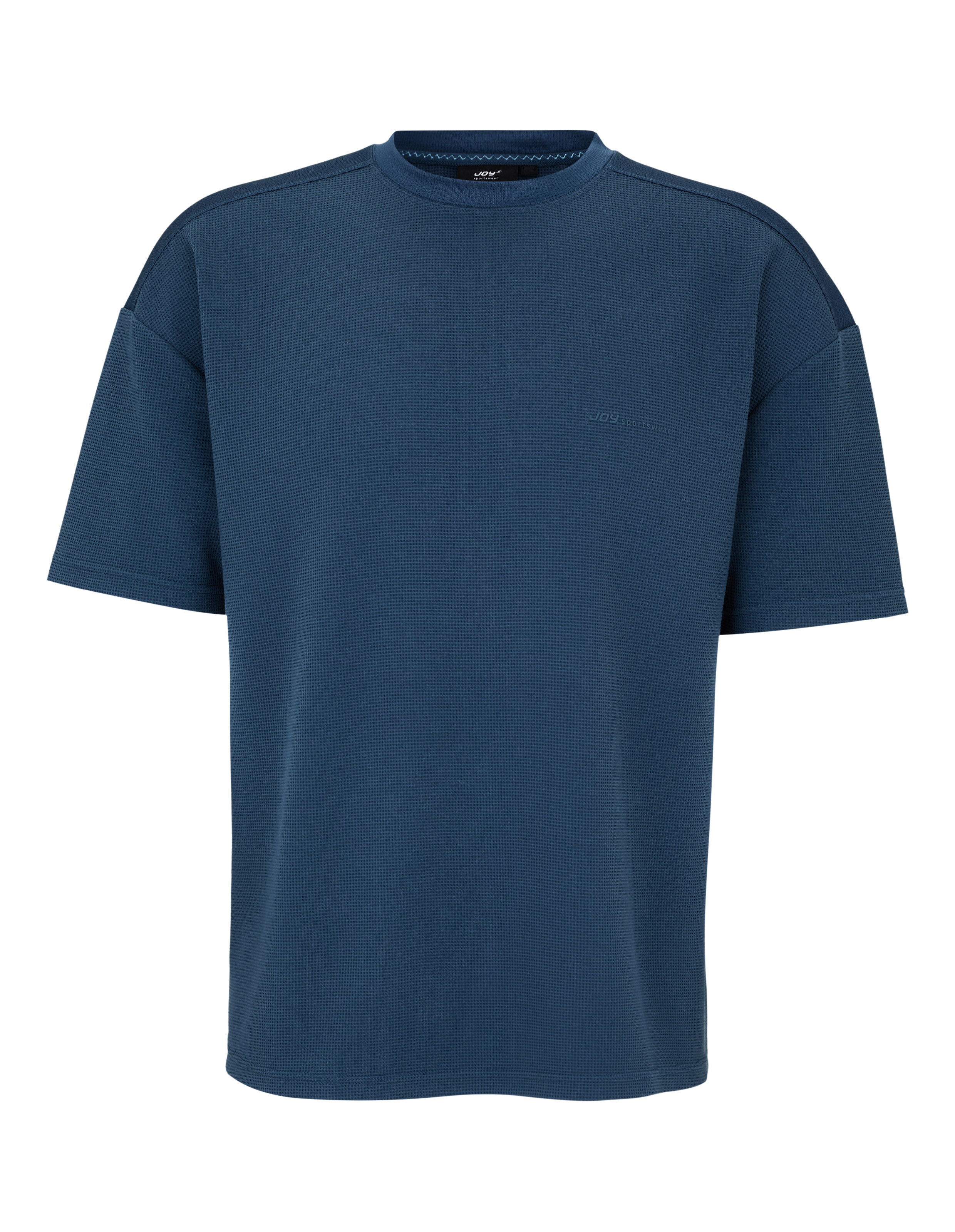 Dunkelblaues T-Shirt mit Waffelstruktur und lockerem Sitz.