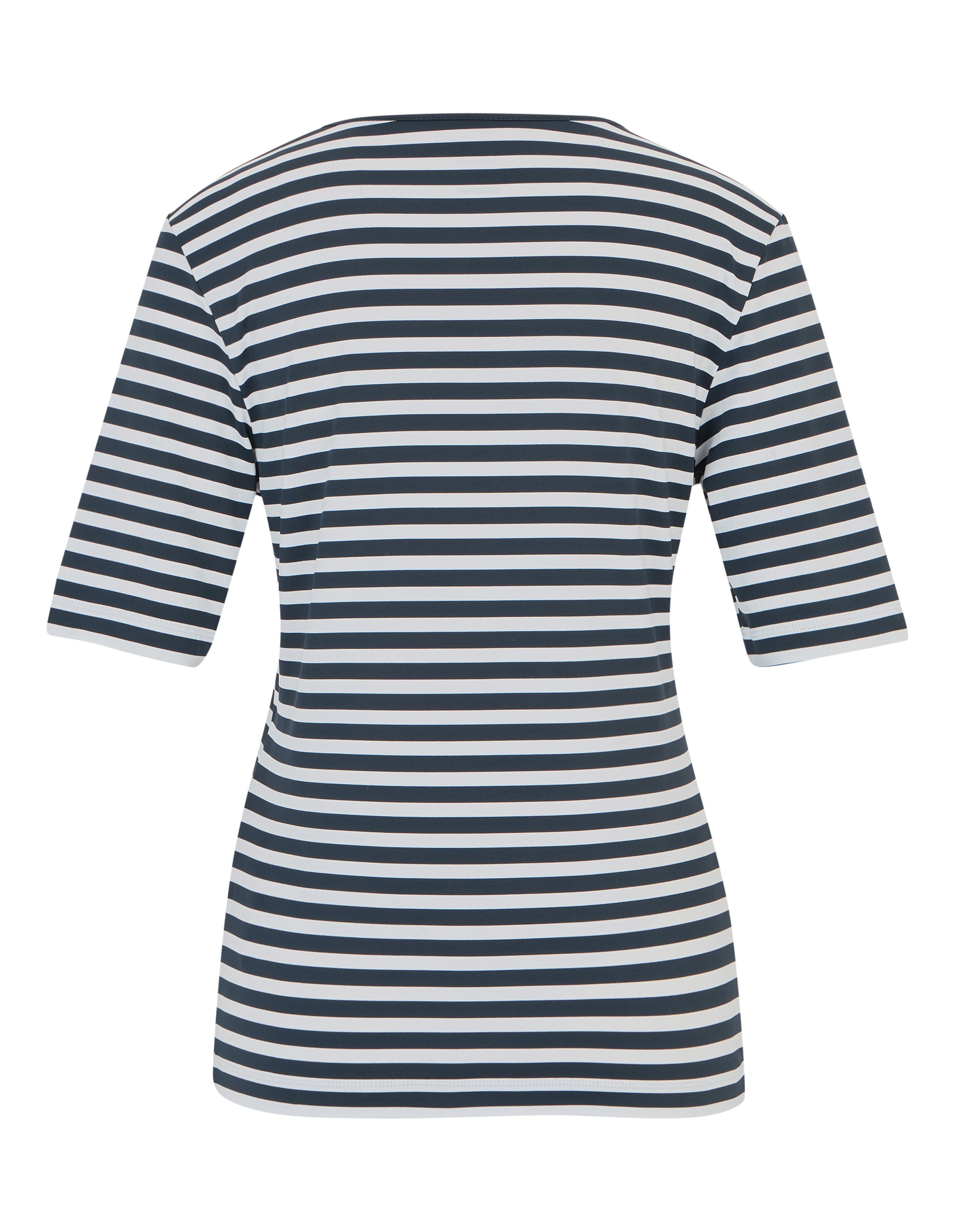Gestreiftes T-Shirt mit kurzen Ärmeln, blauen und weißen horizontalen Streifen, Rundhalsausschnitt, aus leichtem Stoff hergestellt.