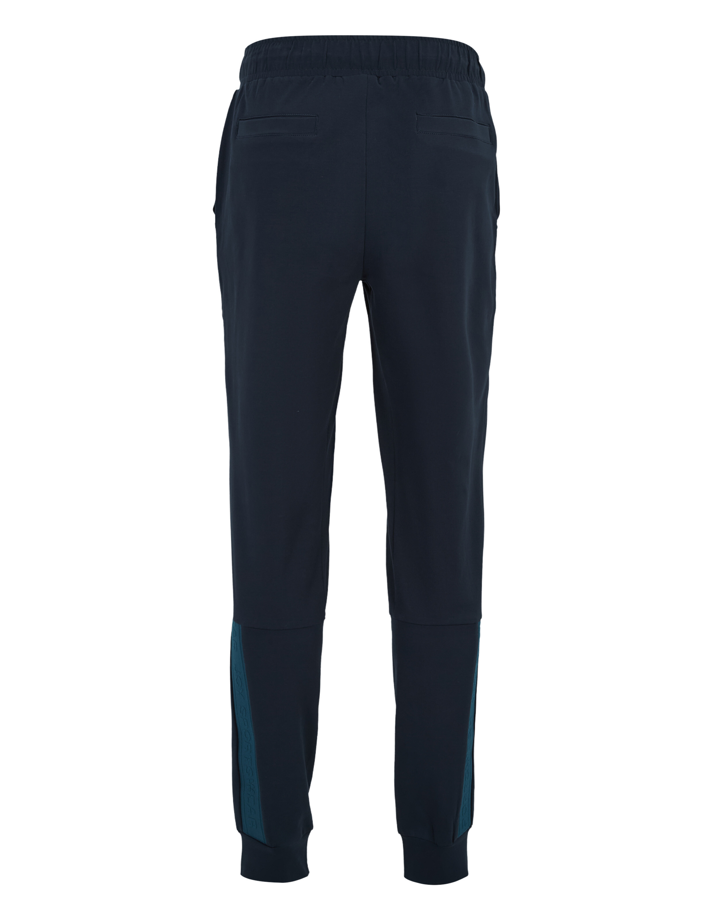 Dunkelblaue Jogginghose von hinten mit Gummibund, Taschen und dunkelblauen seitlichen Streifen an den Beinen.