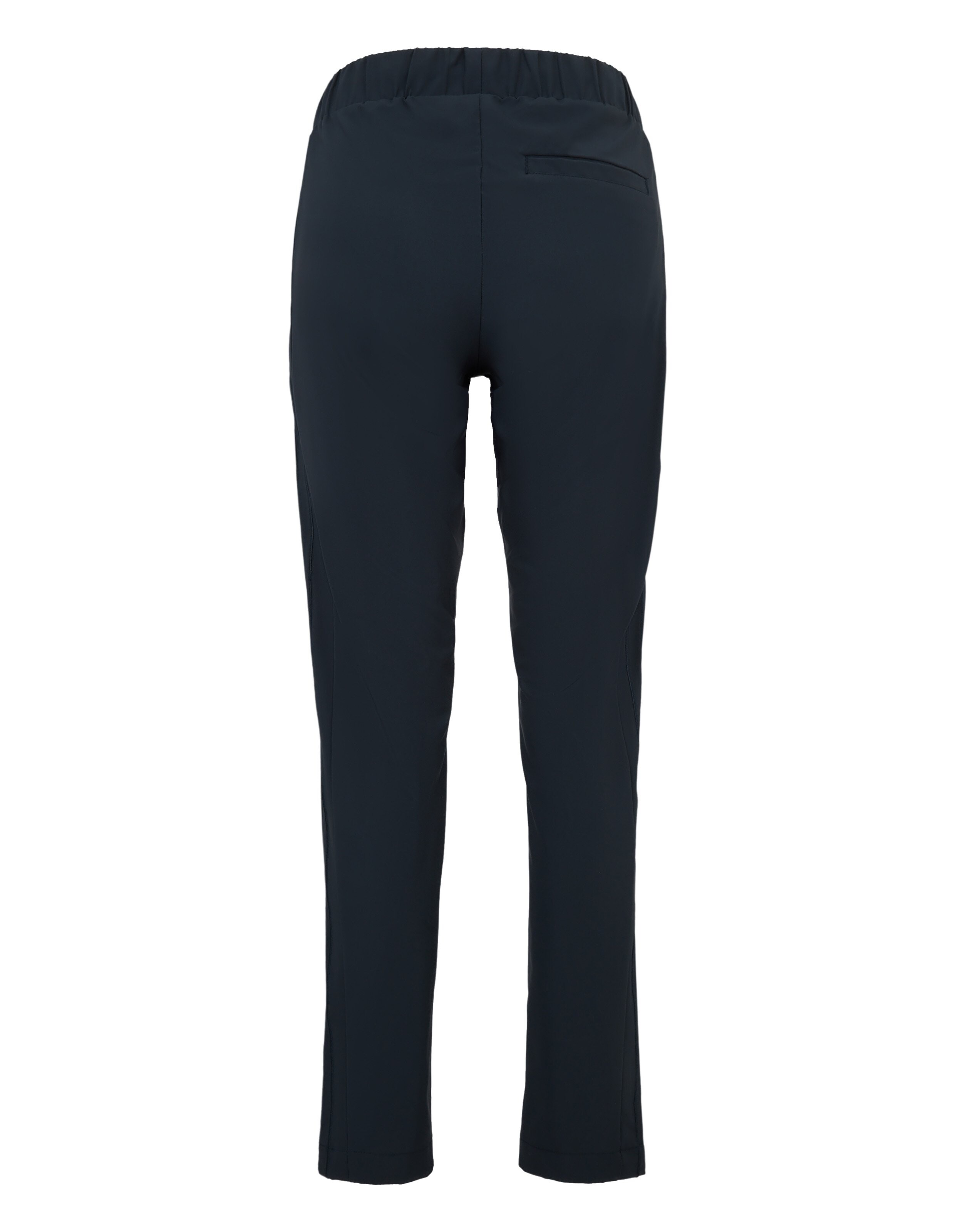 Rückansicht einer dunkelblauen Freizeithose mit elastischem Bund und Taschendetail.