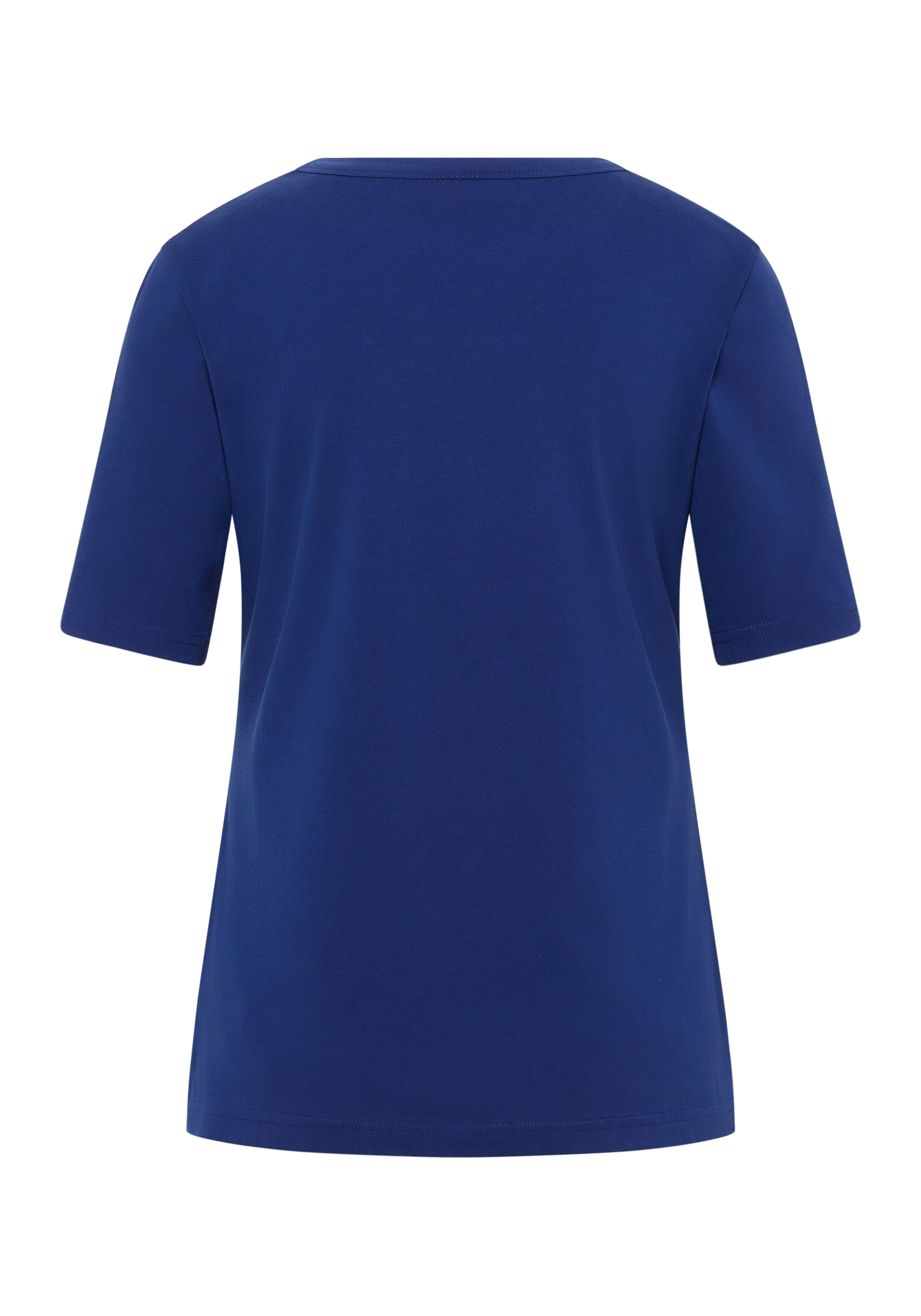 Rückansicht eines gemütlichen königsblauen Freizeit-T-Shirts mit kurzen Ärmeln.