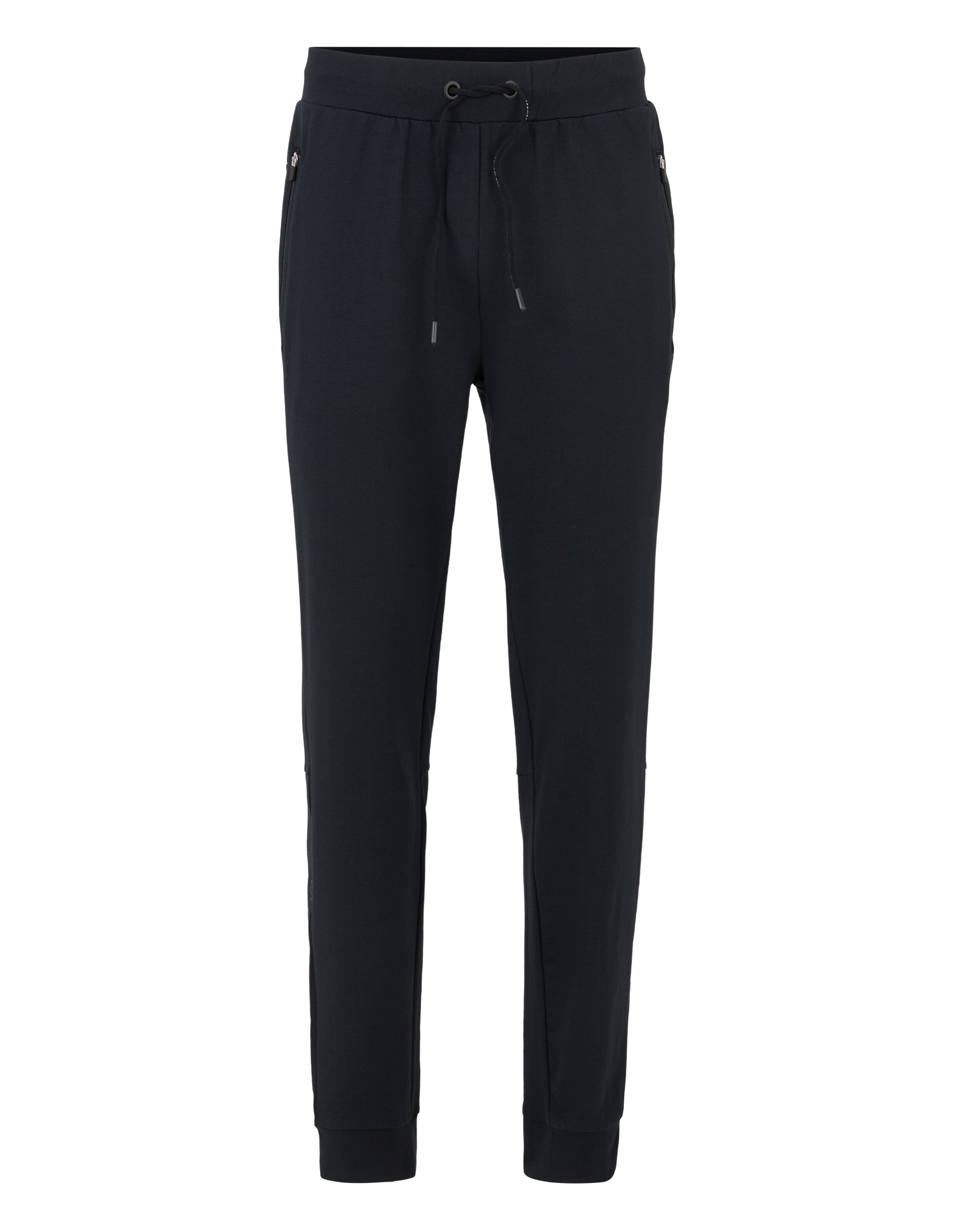 Dunkelblaue Jogginghose mit Kordelzug und elastischen Bündchen, zwei Seitentaschen mit Reißverschluss, aus weichem Stoff.