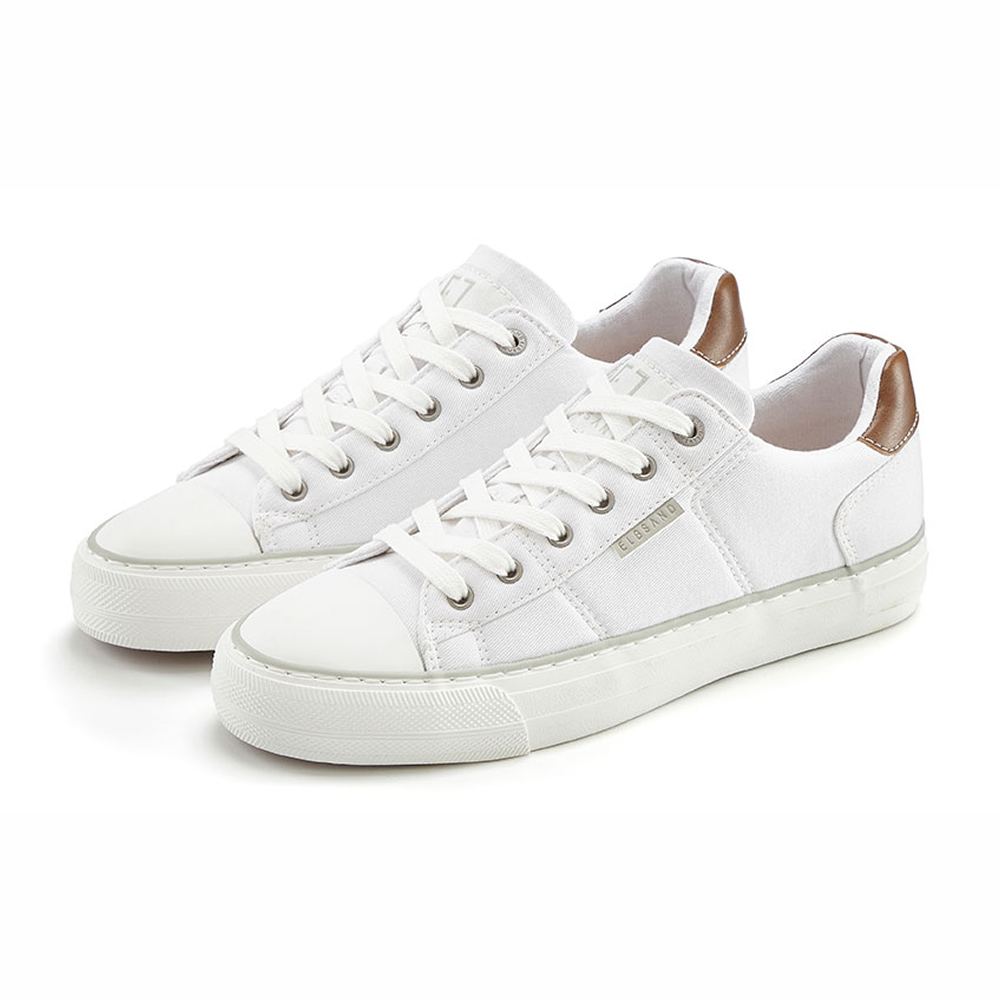 Weiße, lässige Sneaker mit braunen Akzenten, perfekt für bequemes Tragen im Alltag.