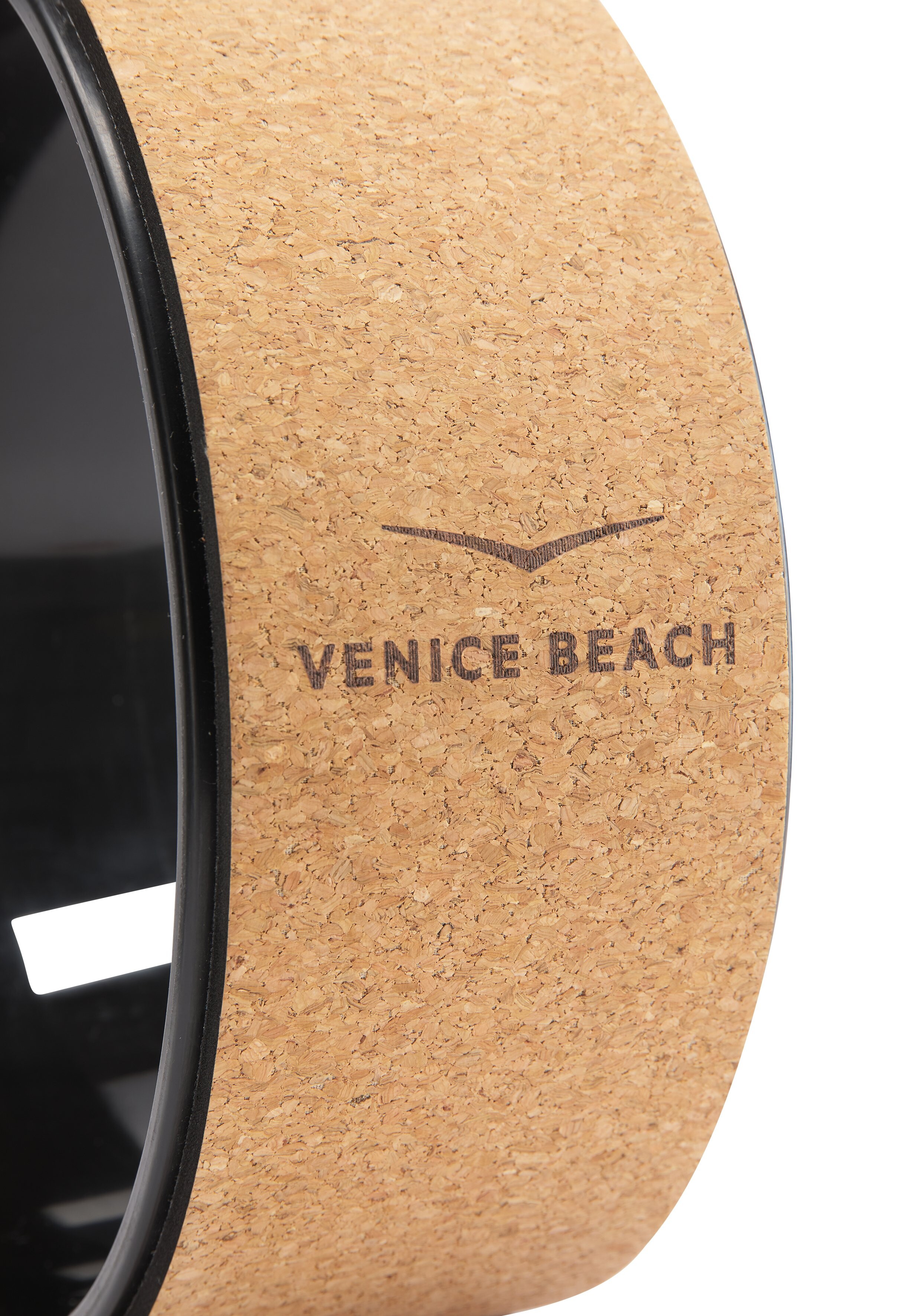 Venice Beach Kork-Yoga-Rad mit schwarzem Besatz für Yoga und Fitnesstraining.