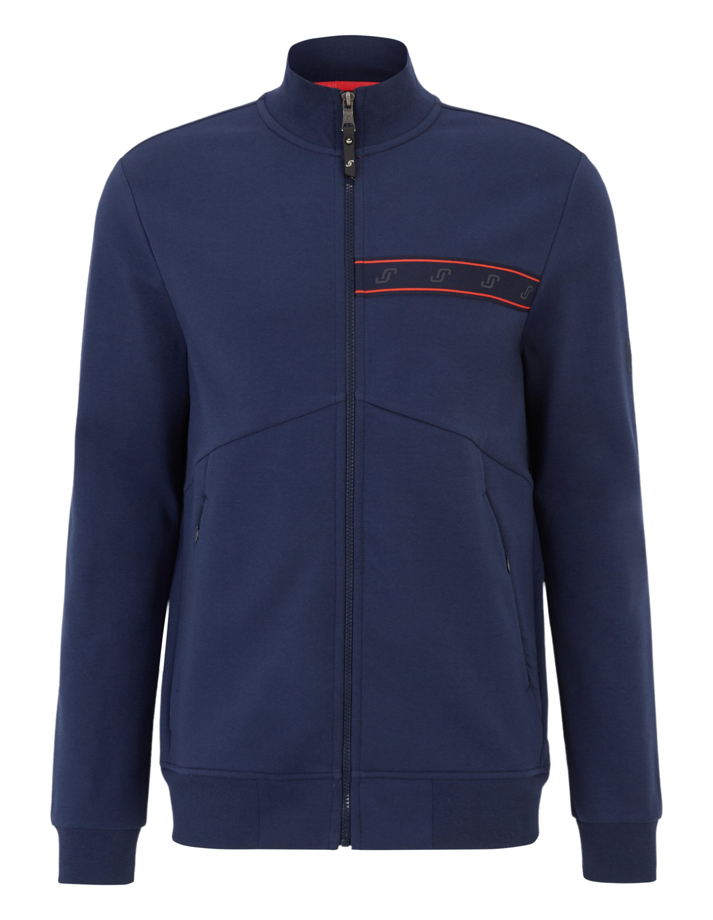 Marineblaue Jacke mit Reißverschluss und roten Akzenten, perfekt für Freizeitkleidung und zum Faulenzen.