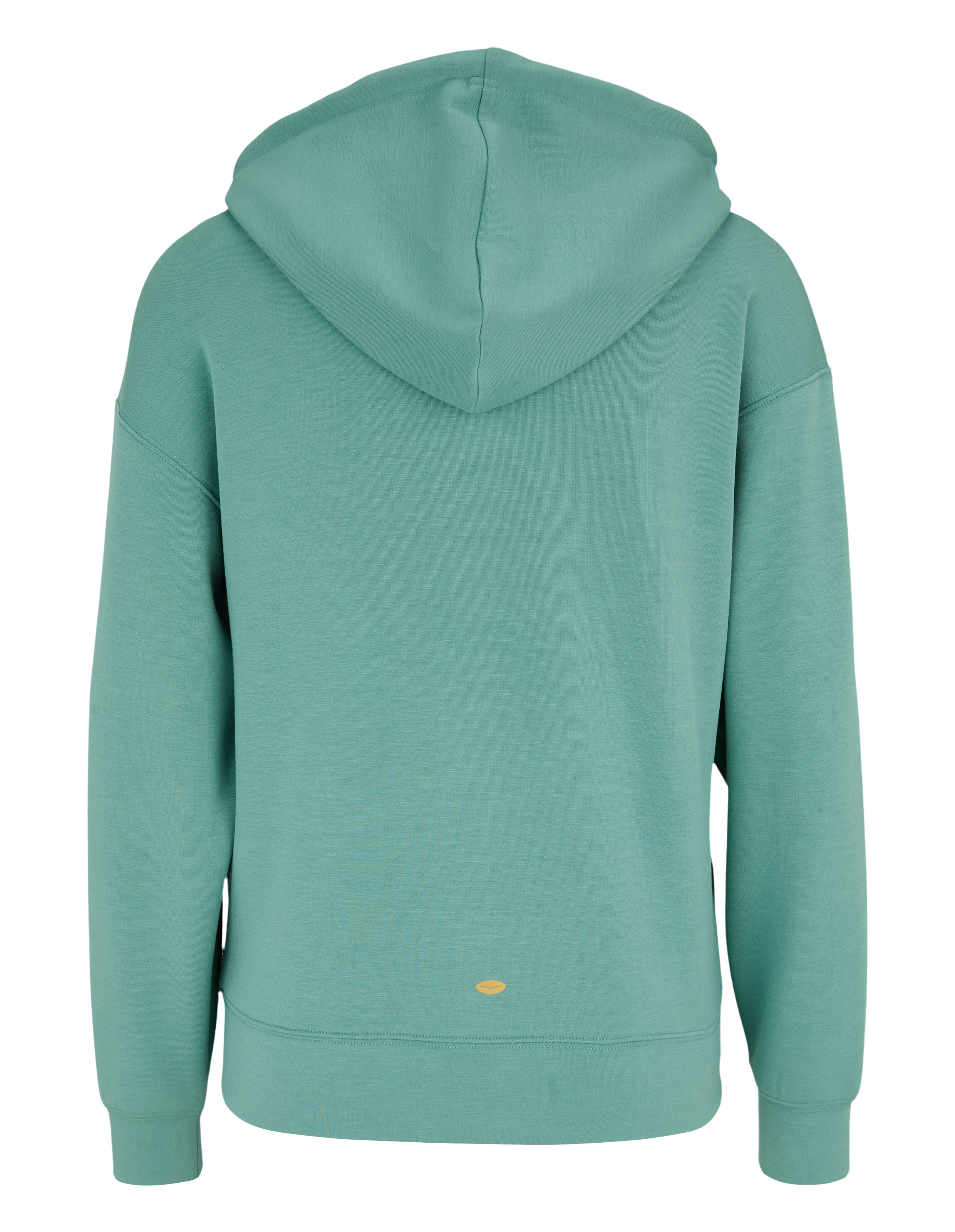 Rückansicht eines gemütlichen salbeigrünen ELBSAND-Hoodies zum lässigen Faulenzen und Reisen.