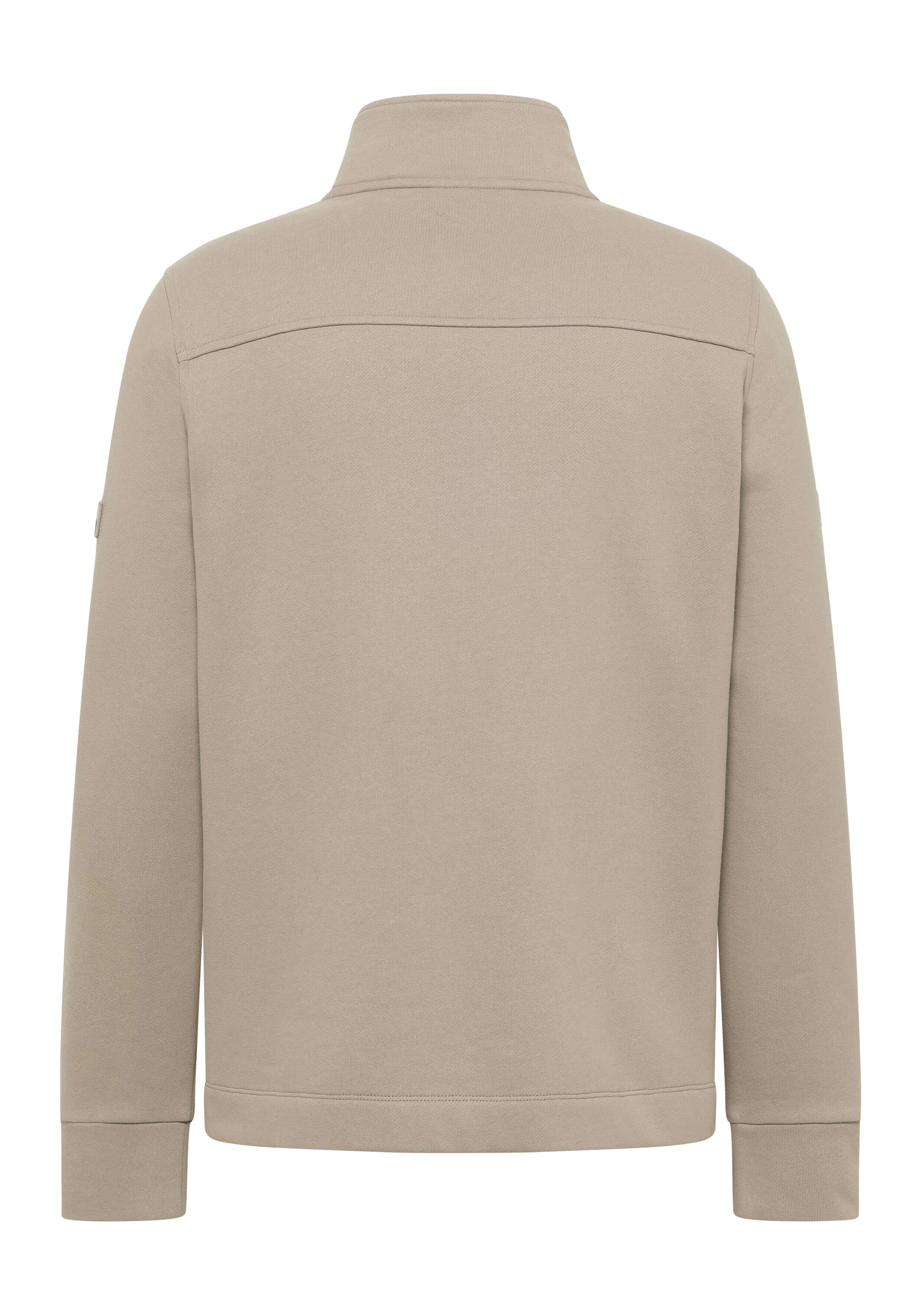 Rückansicht einer beigen Freizeitjacke mit Kragen und langen Ärmeln.