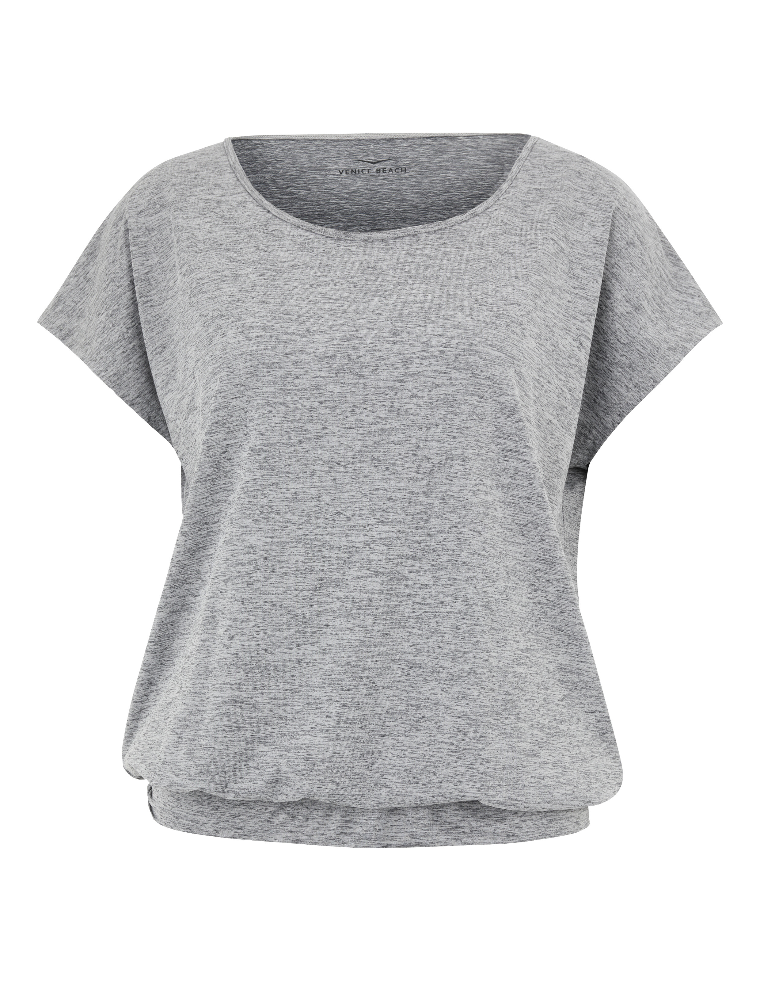 Grau meliertes Freizeit-T-Shirt mit entspannter Passform und abgerundetem Saum für gemütliche Lounge-Kleidung.