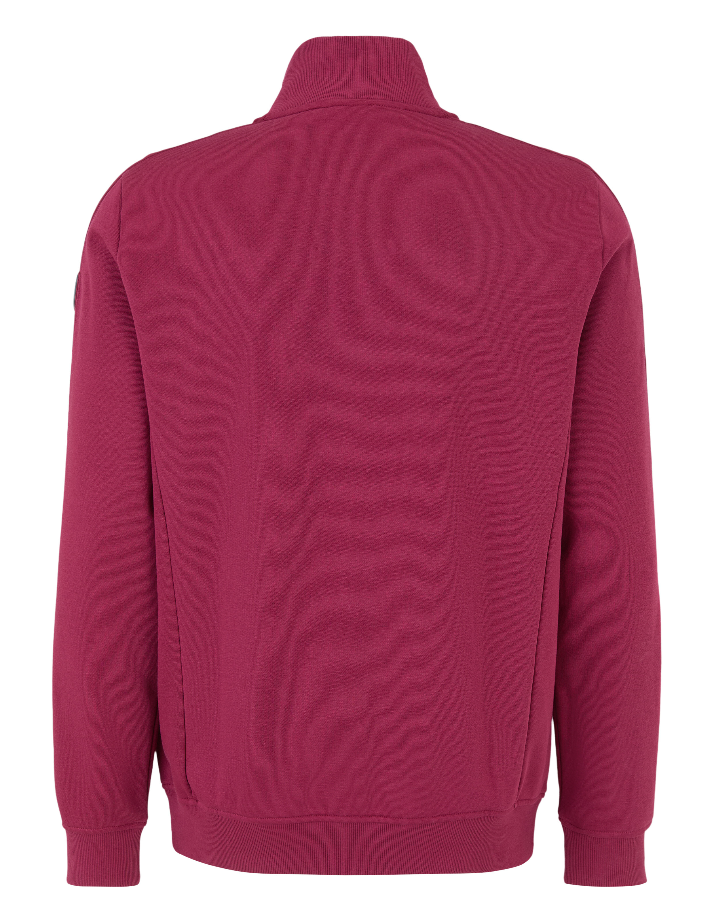 Rückansicht eines gemütlichen burgunderroten Sweatshirts mit Reißverschluss für lässige Lounge- und Reisekleidung.