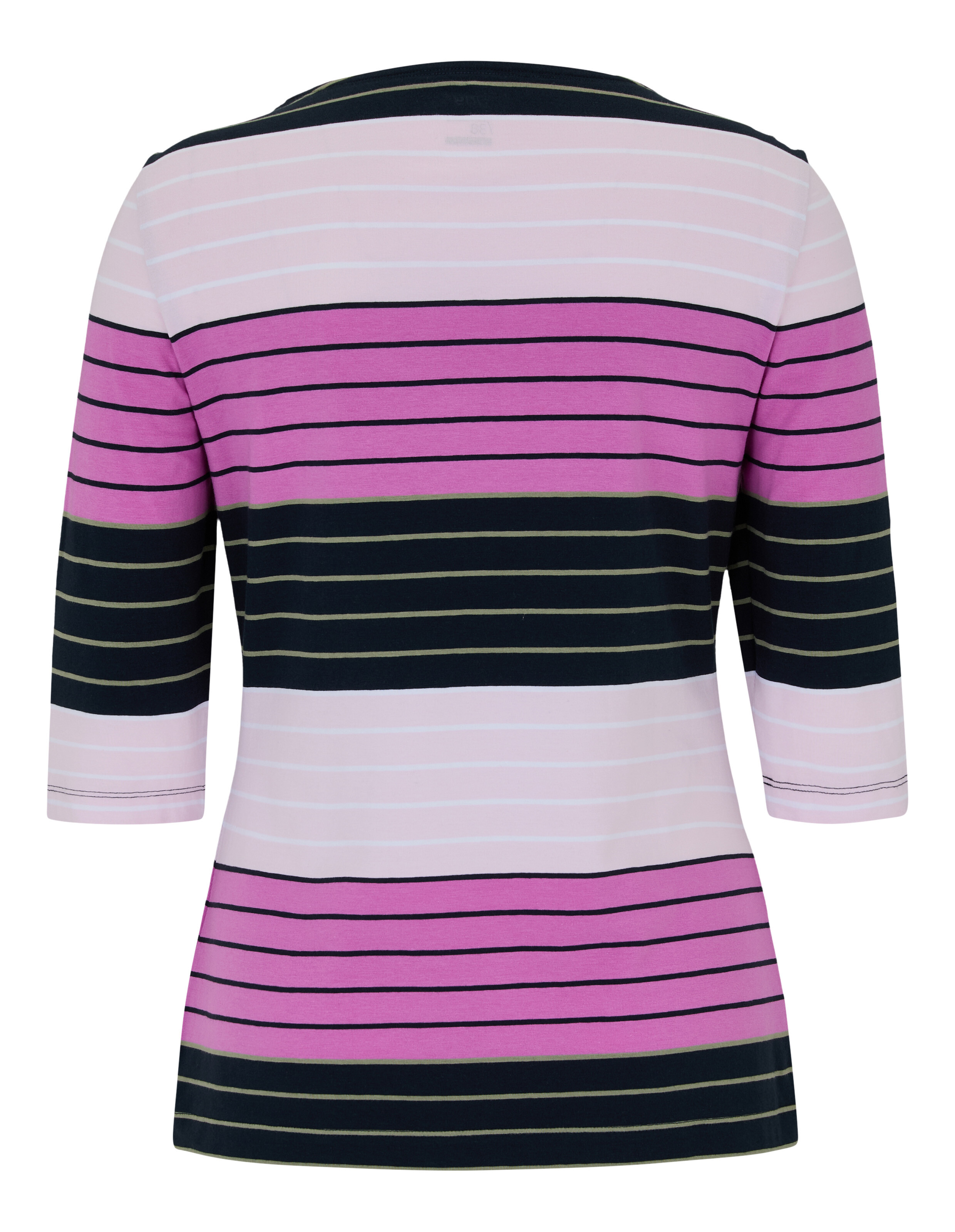 Lässiges, gestreiftes Oberteil in Rosa, Marineblau und Creme mit Dreiviertelärmeln.