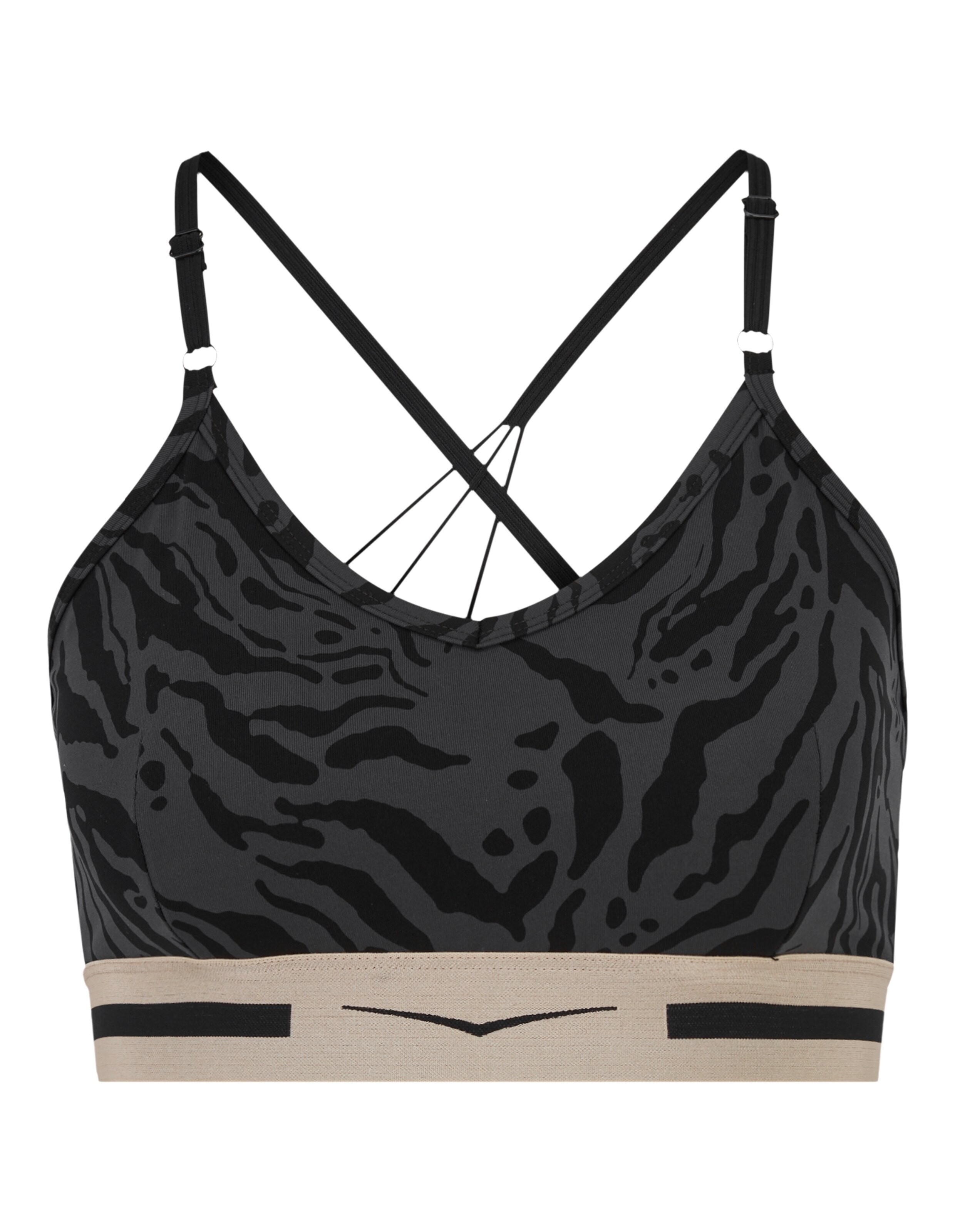 Schwarz-graues Bralette mit Tigermuster, überkreuzten Trägern und beigem Band.