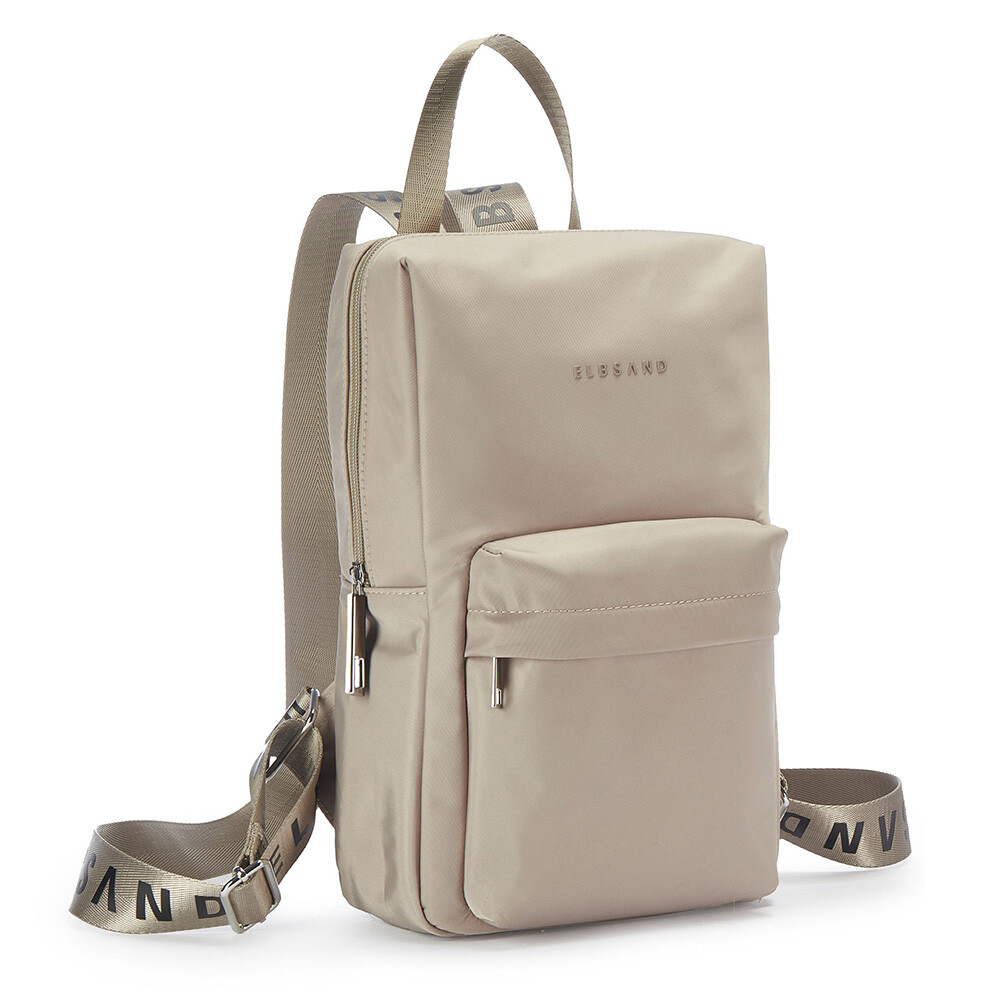 Beigefarbener ELBSAND-Rucksack mit verstellbarem Riemen und Vordertasche, perfekt für Freizeitausflüge.