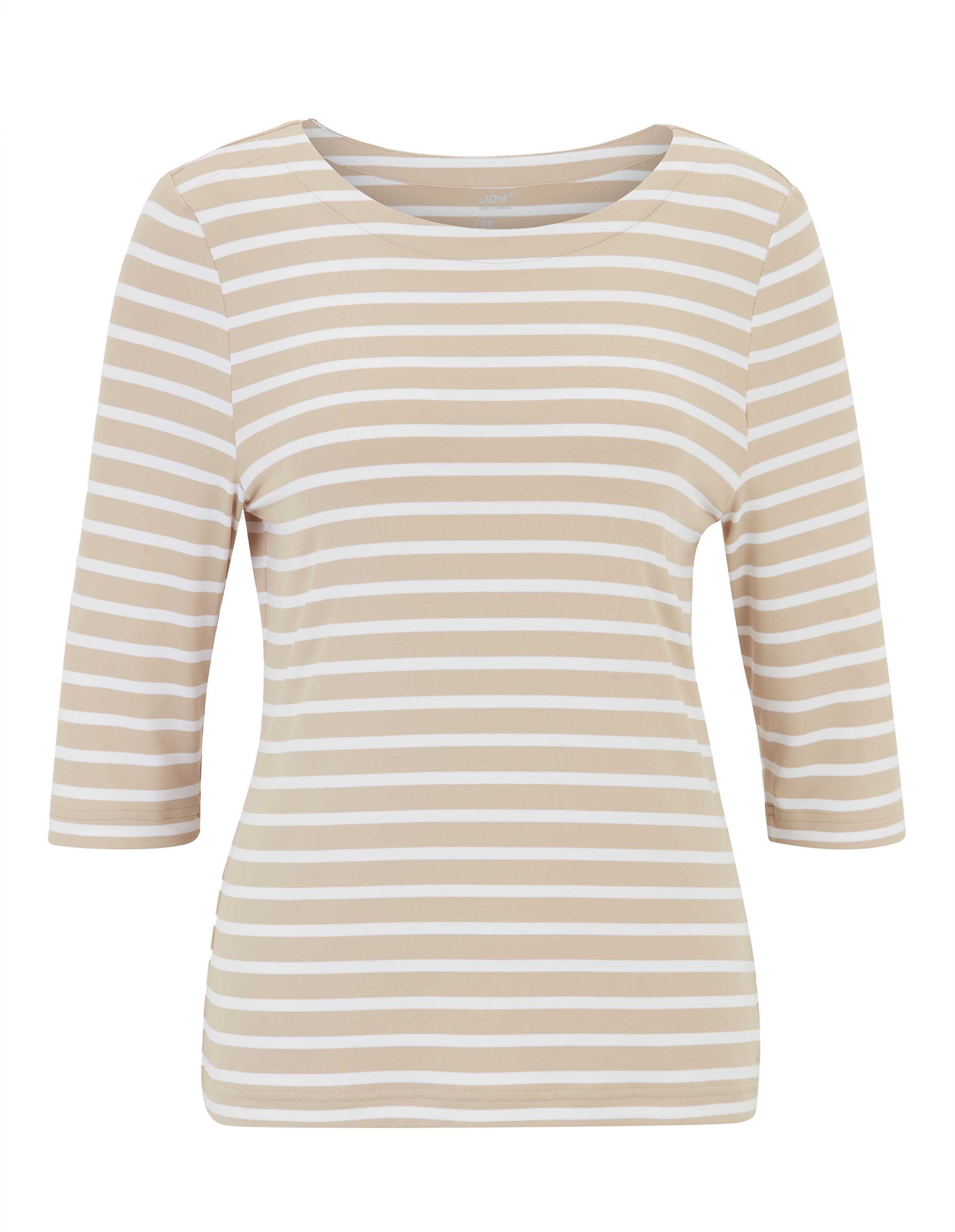 Beigefarbenes T-Shirt mit weißen, horizontalen Streifen und dreiviertellangen Ärmeln, schlicht und klassisch gestaltet.