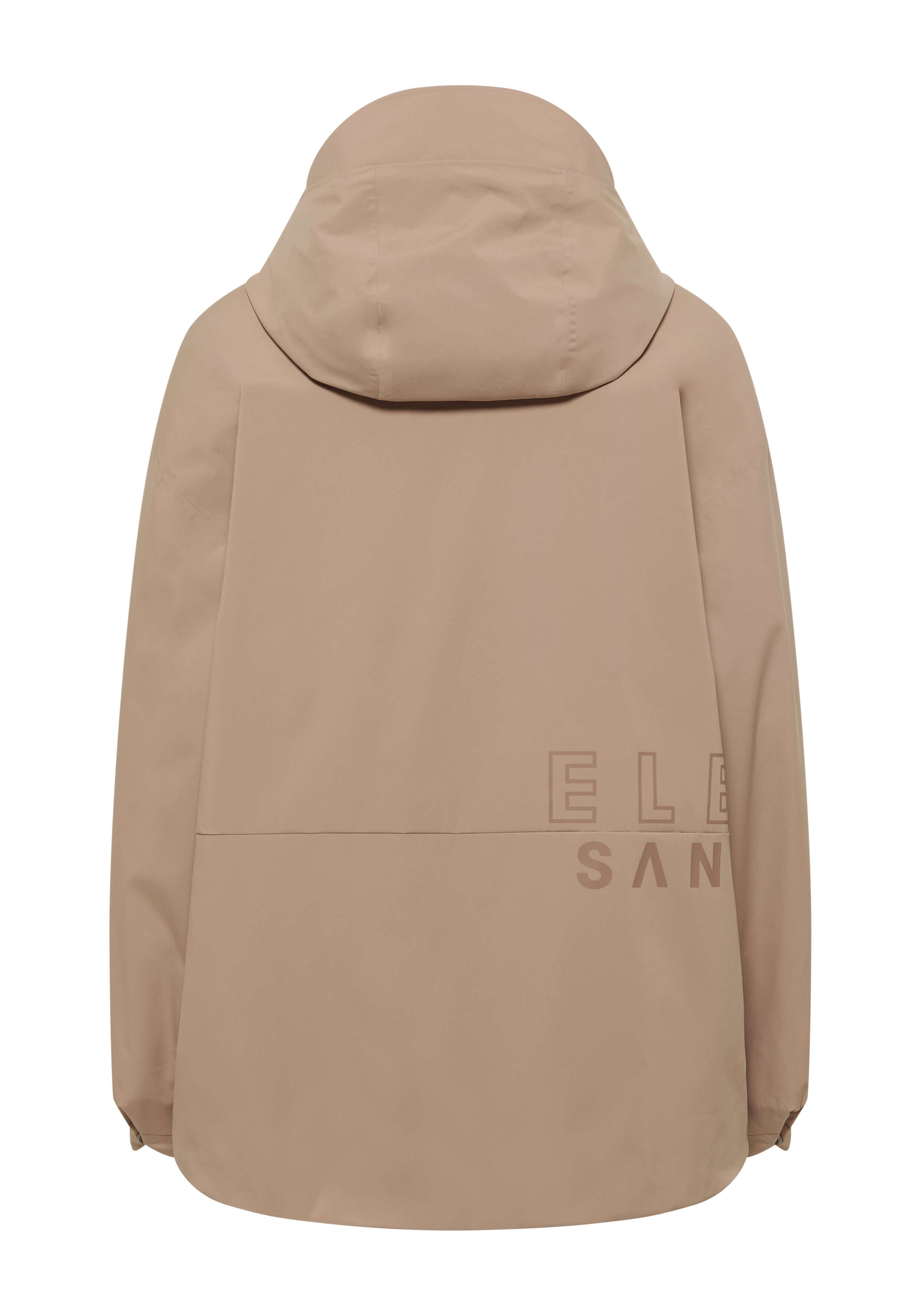 Beige Freizeitjacke mit Kapuze und ELBSAND-Logodruck auf der Rückseite für stilvolle Reisekleidung.