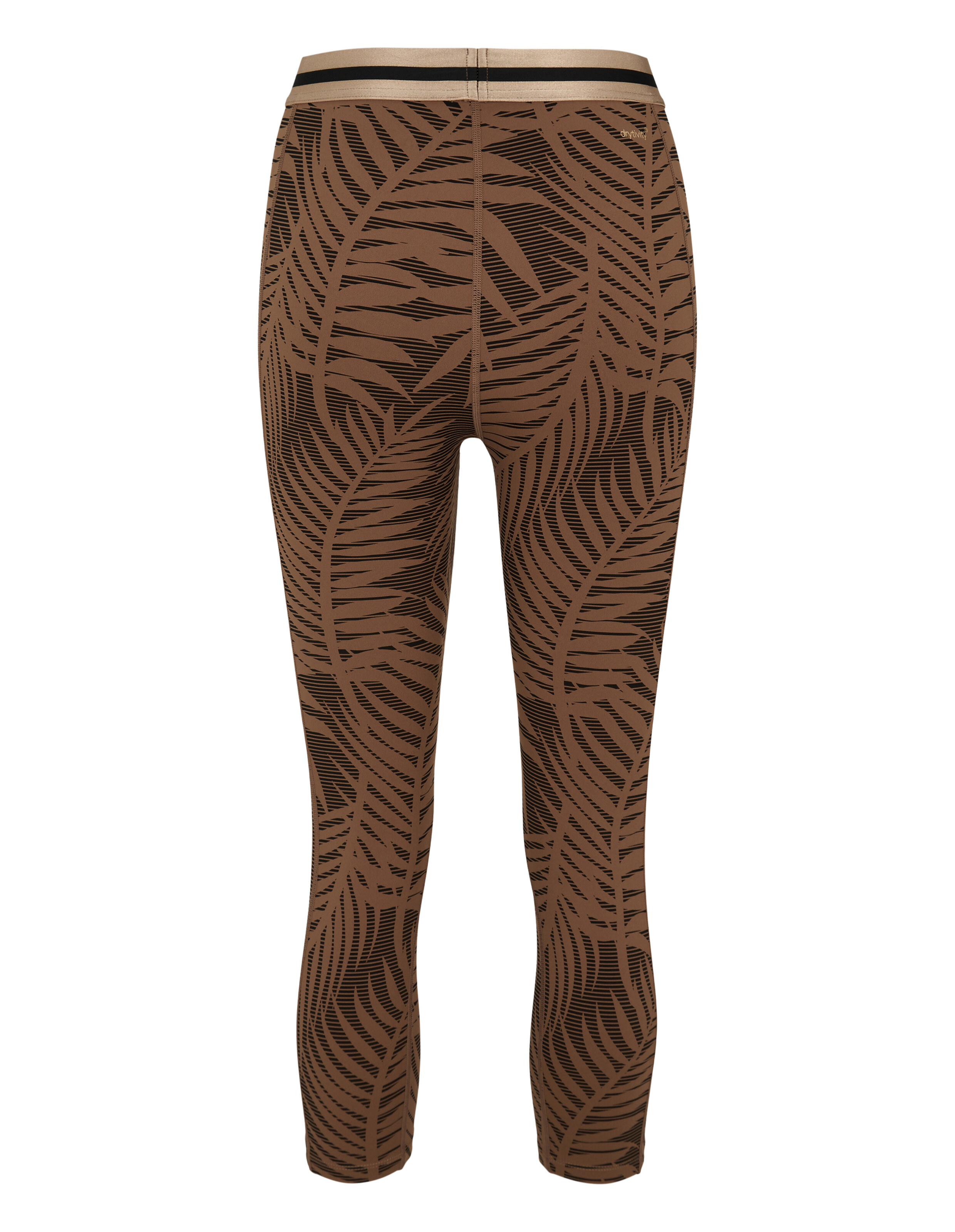 Braune Leggings mit schwarzem Palmblattmuster und elastischem Bund für lässige Loungewear.