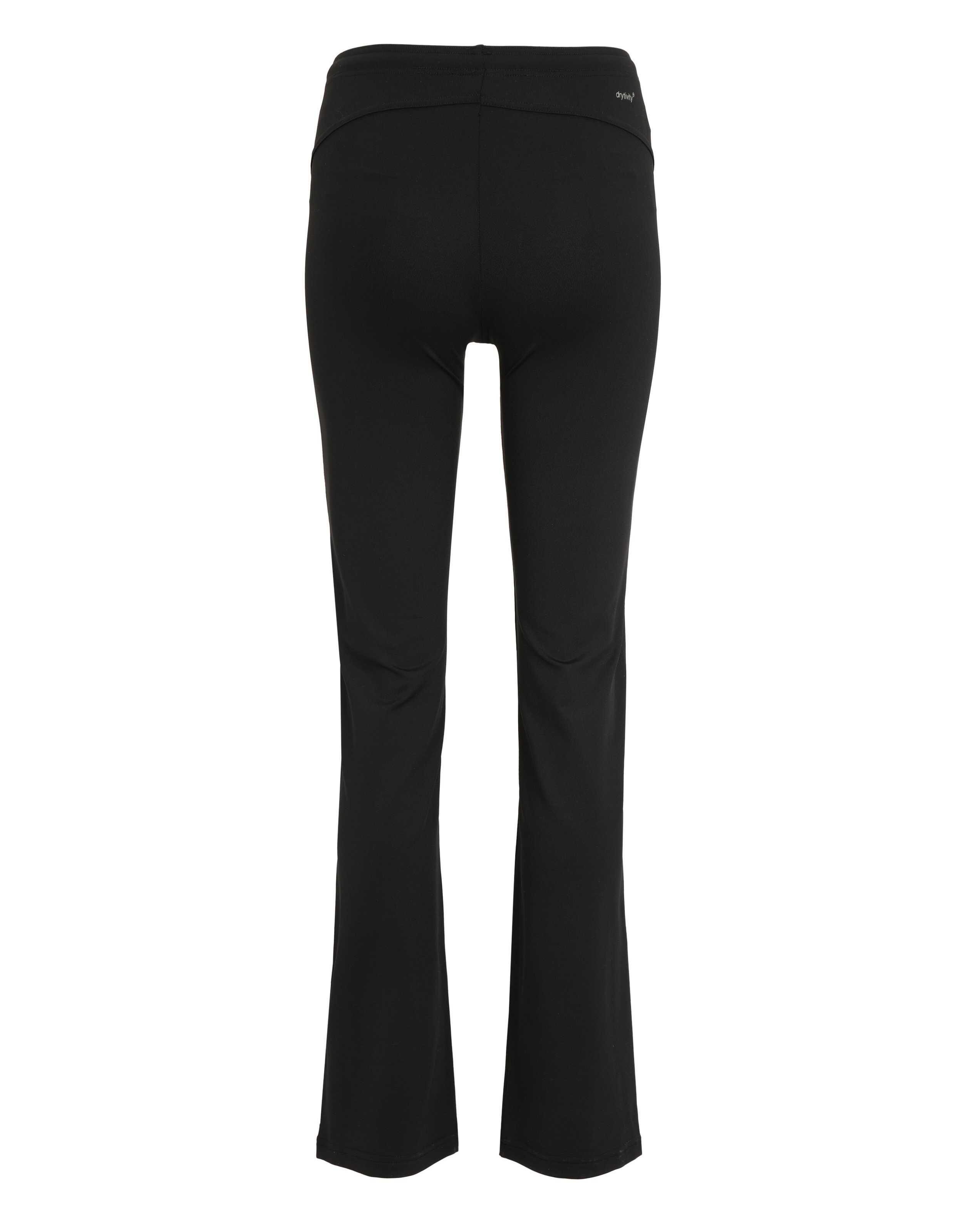 Rückansicht einer schwarzen, ausgestellten Yogahose, perfekt für Freizeitkleidung und Faulenzen.
