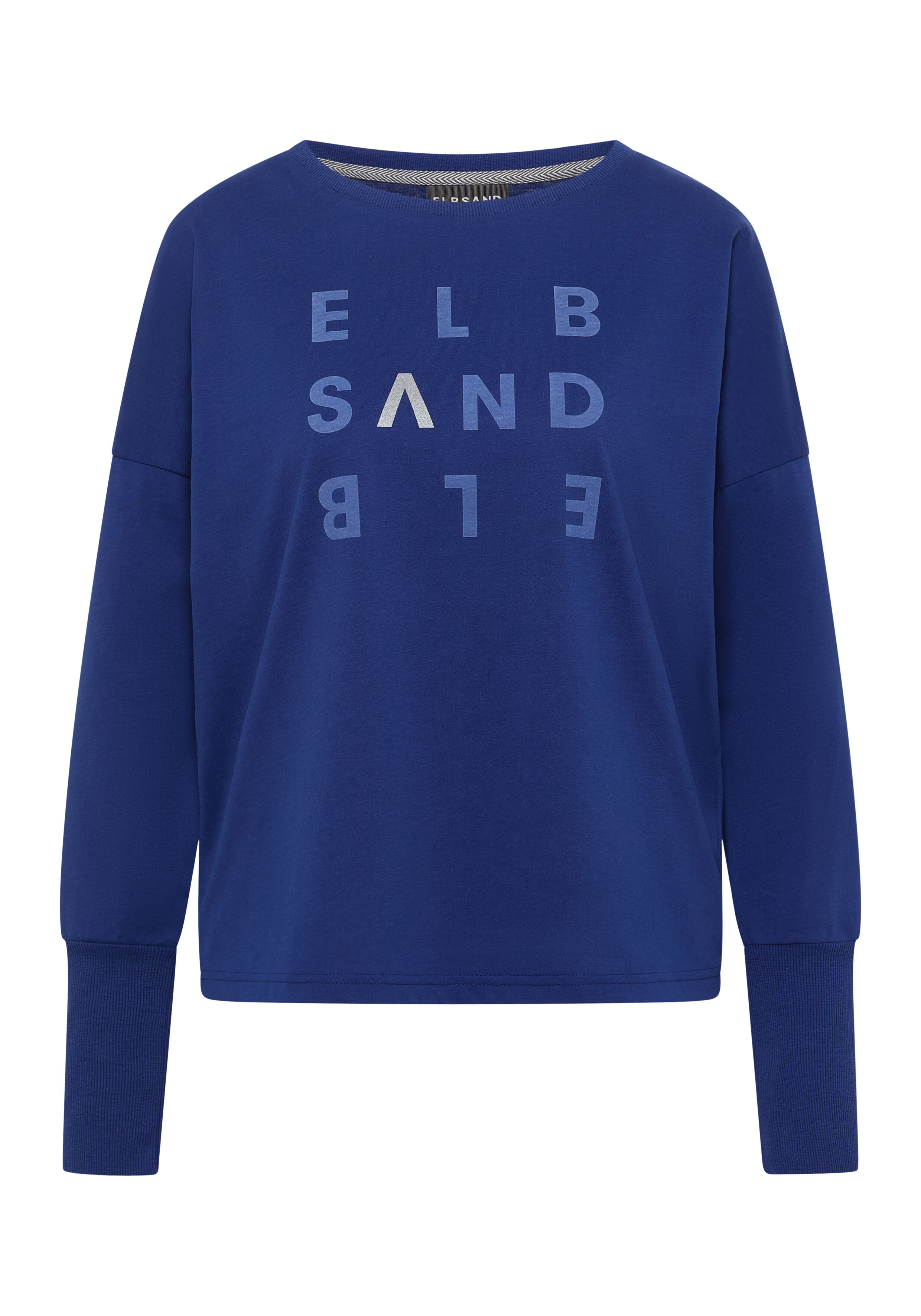 Blaues ELBSAND Langarm-Freizeit-Sweatshirt mit Logo-Print und gerippten Bündchen.