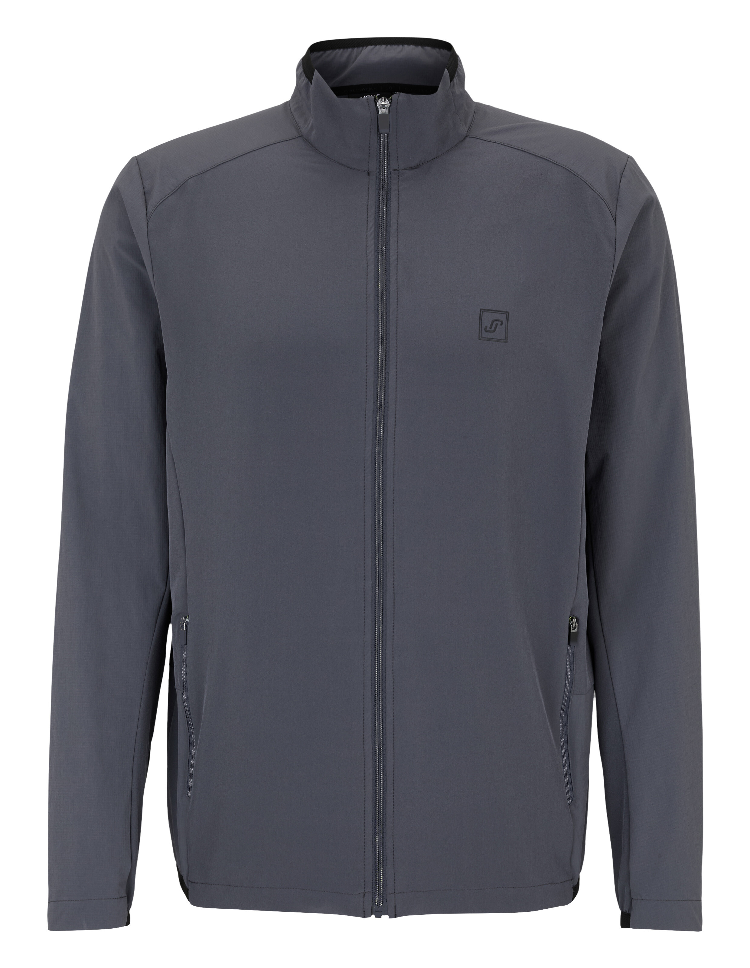 Graue Herrenjacke mit durchgehendem Reißverschluss, Stehkragen und kleinem Logo auf der Brust.