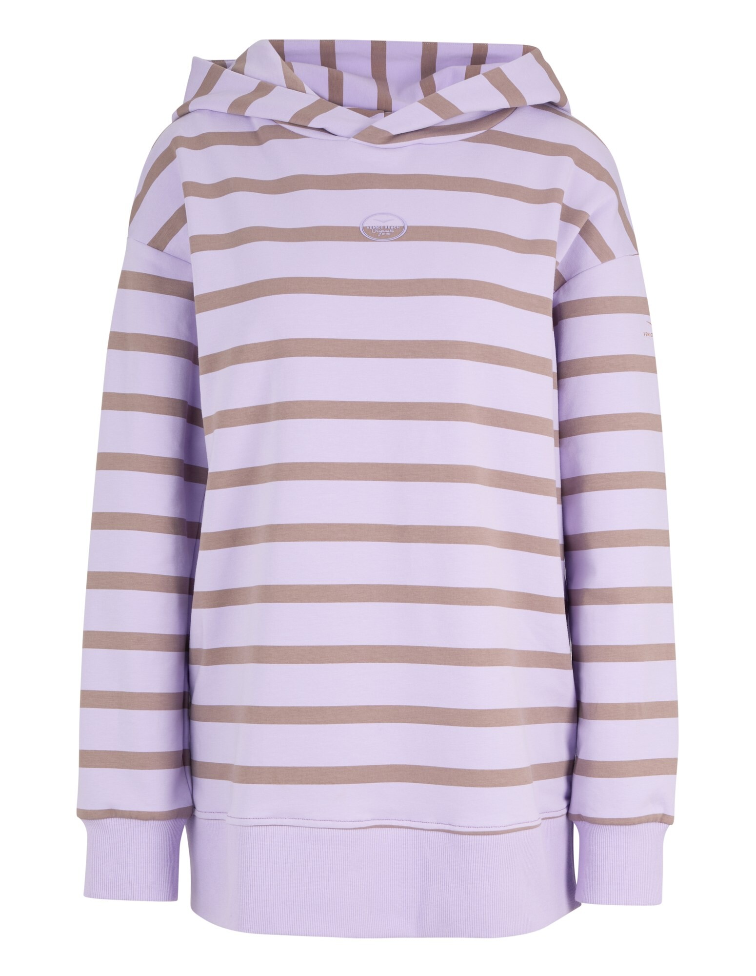 Lila-braun gestreifter Kapuzenpullover mit entspannter Passform und Kapuzendesign.