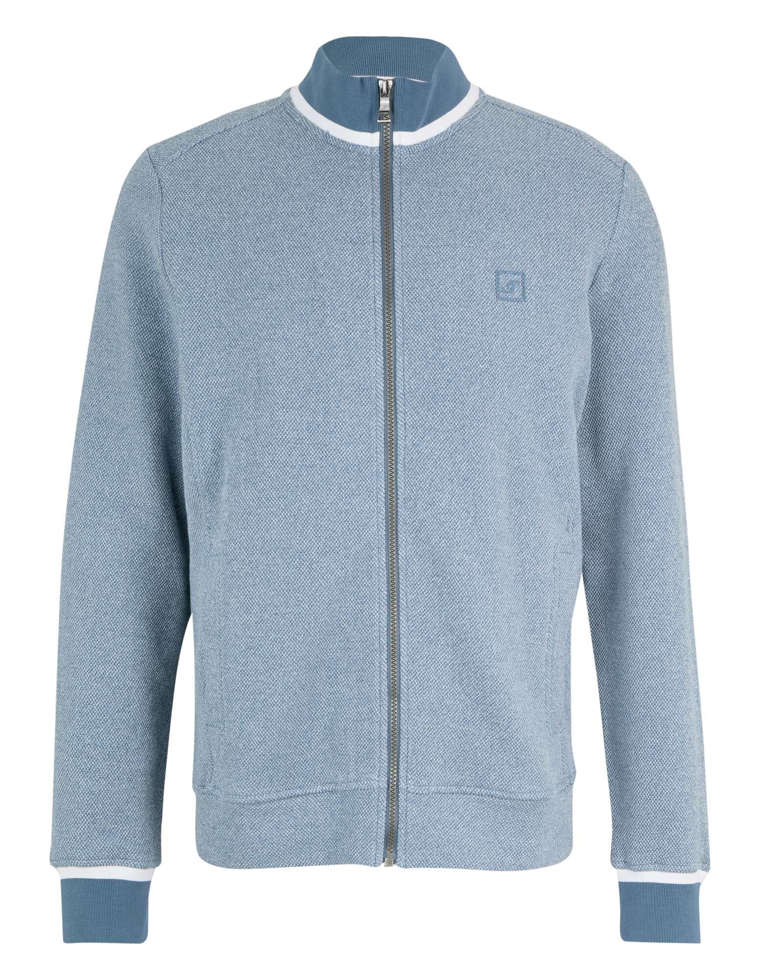 Hellblaue Reißverschlussjacke mit Strukturmuster und weißen Akzenten.